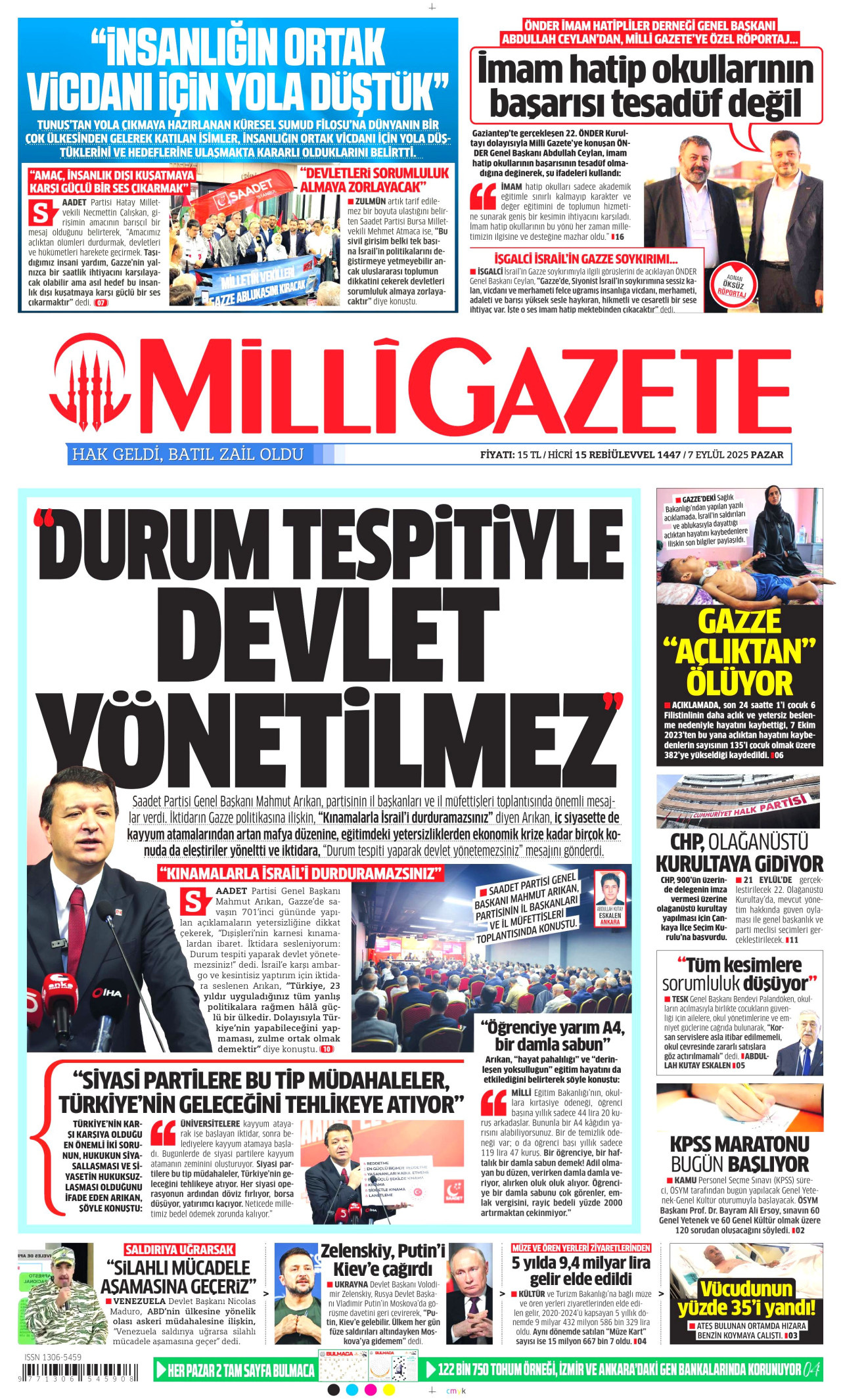 MİLLİ GAZETE gazetesinin 7 Eylül 2025 tarihli birinci sayfası