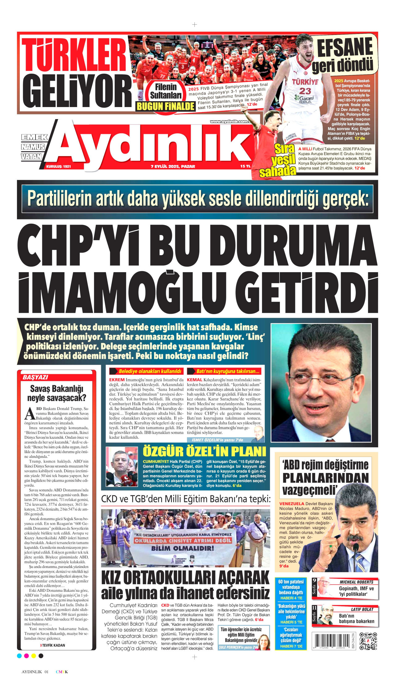 AYDINLIK GAZETESİ gazetesinin 7 Eylül 2025 tarihli birinci sayfası