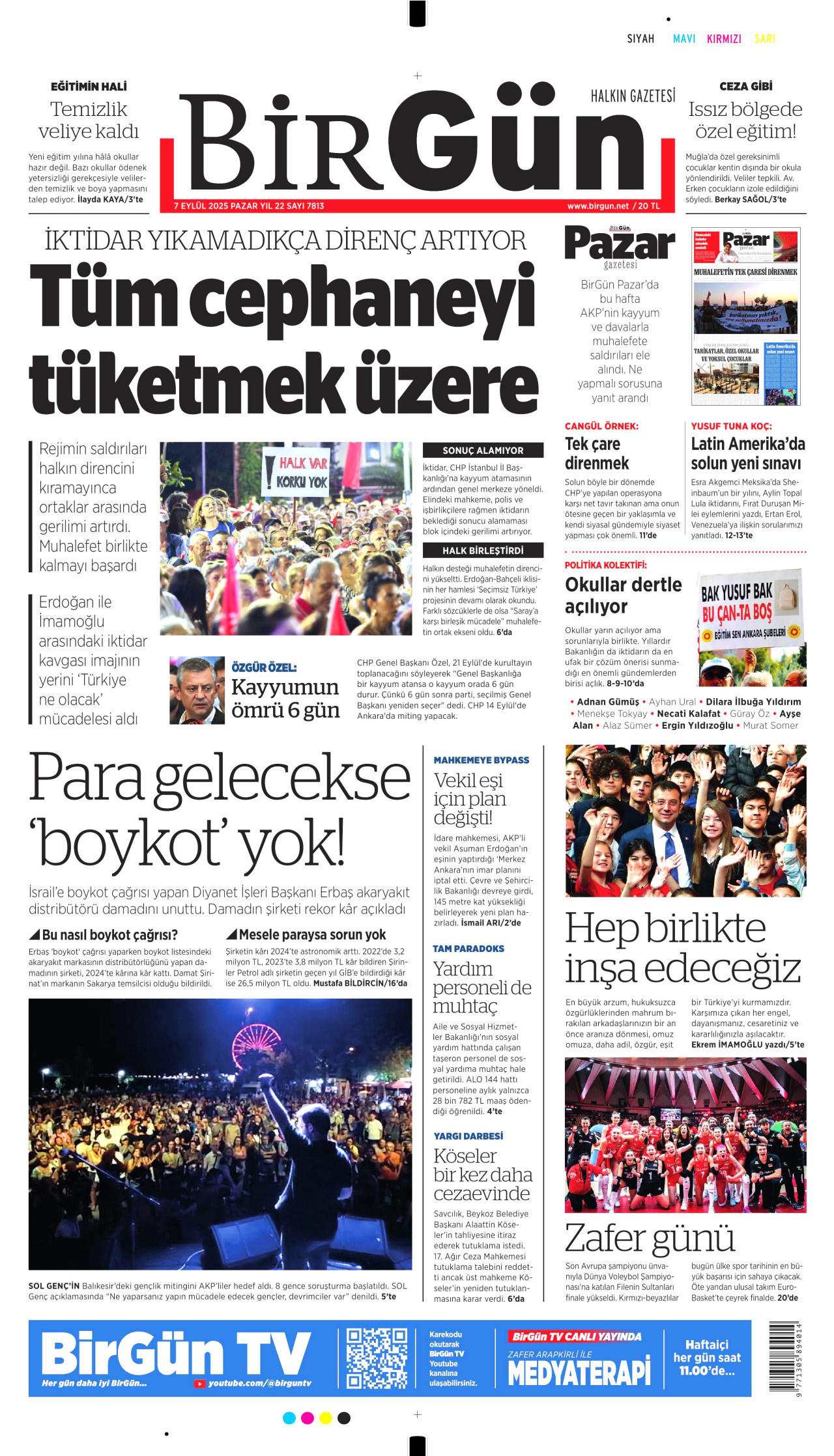 BİRGÜN gazetesinin 7 Eylül 2025 tarihli birinci sayfası