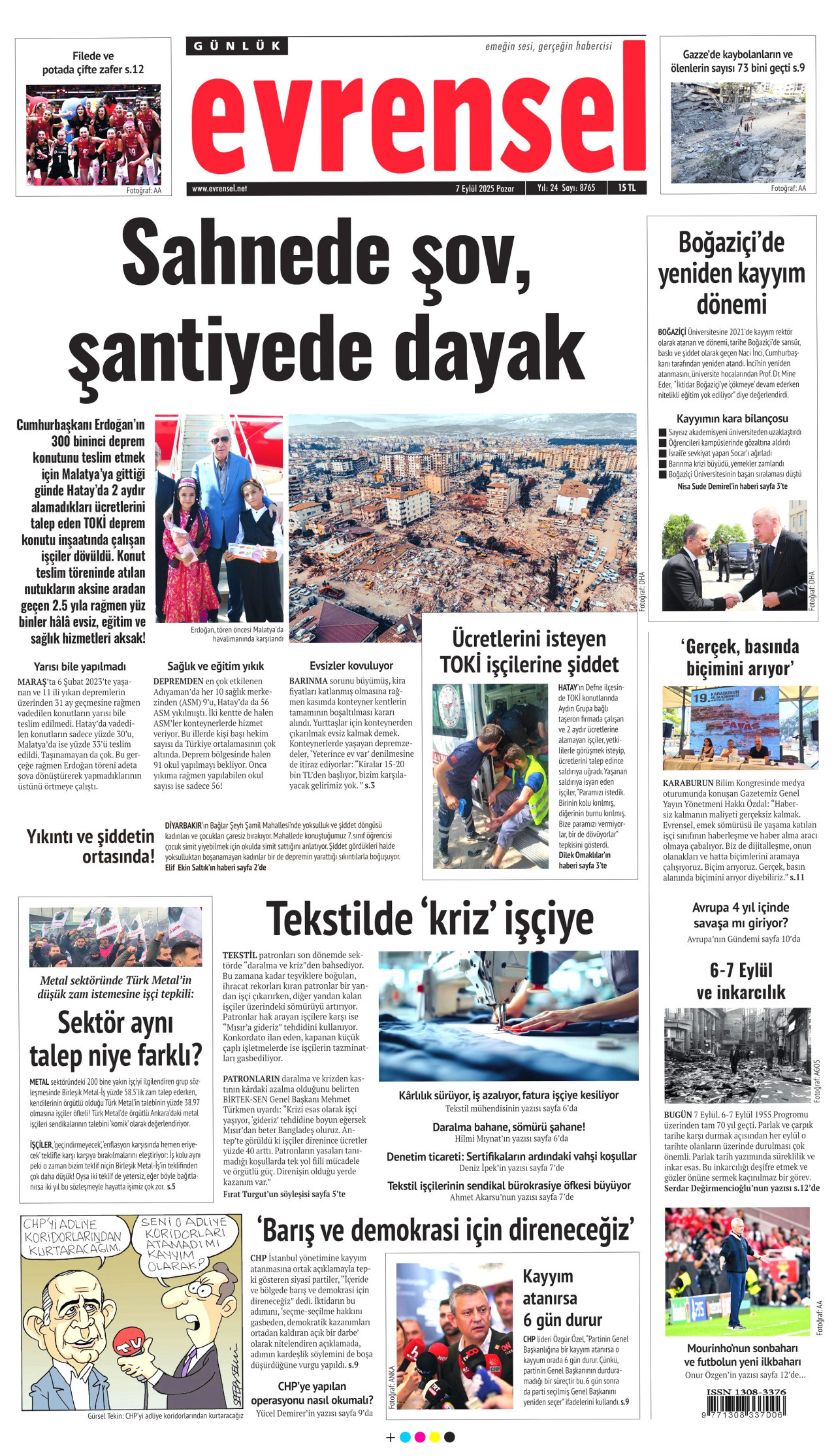 EVRENSEL gazetesinin 7 Eylül 2025 tarihli birinci sayfası