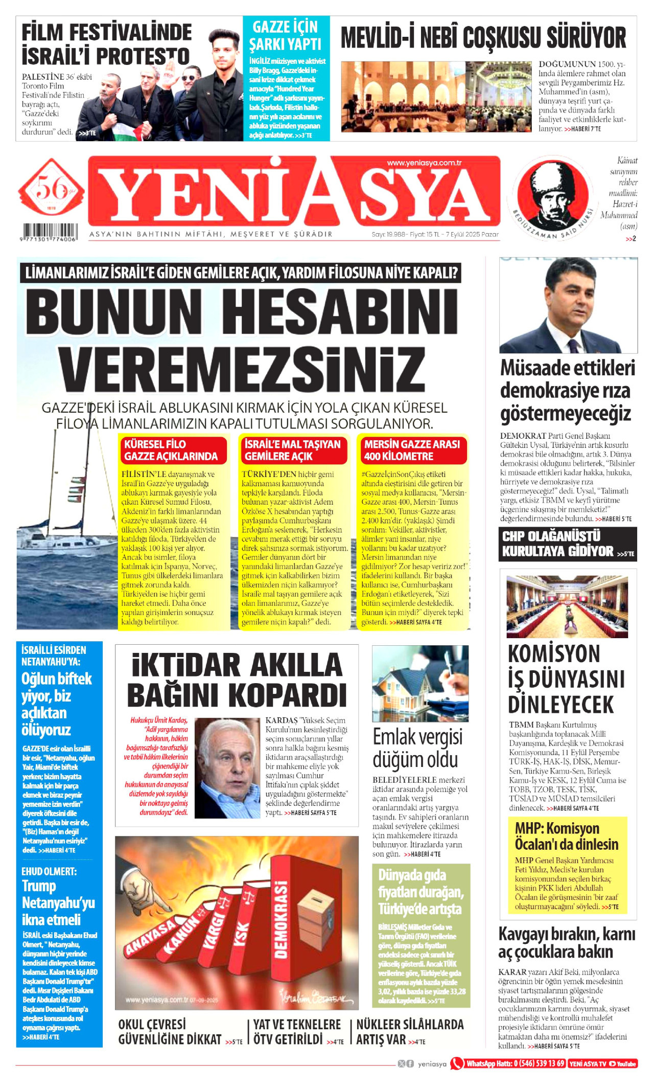 YENİ ASYA gazetesinin 7 Eylül 2025 tarihli birinci sayfası