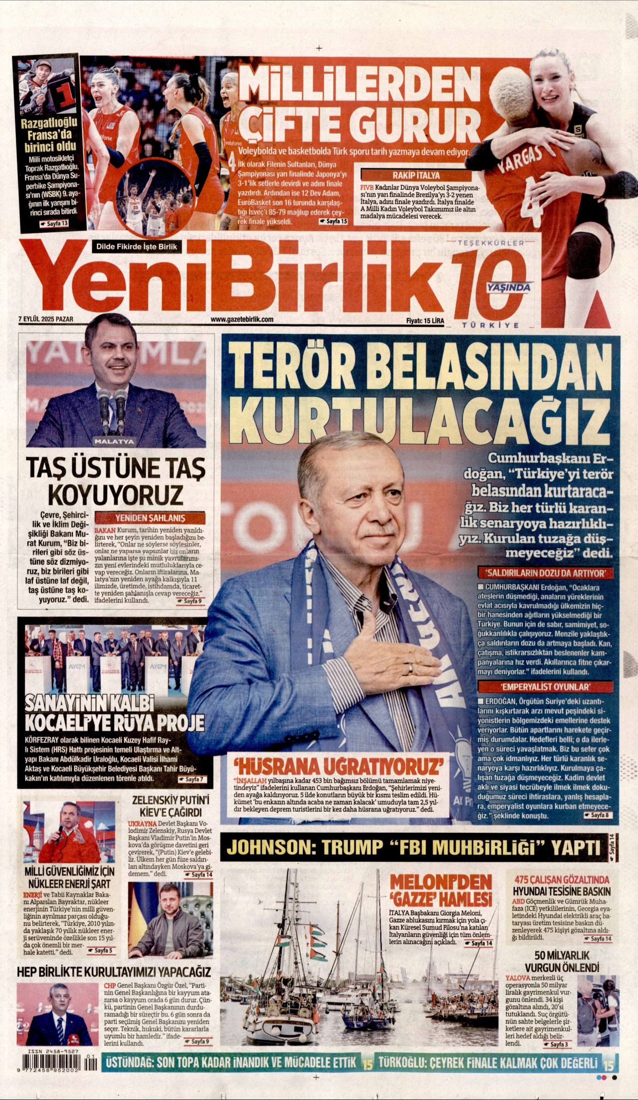 YENİBİRLİK gazetesinin 7 Eylül 2025 tarihli birinci sayfası