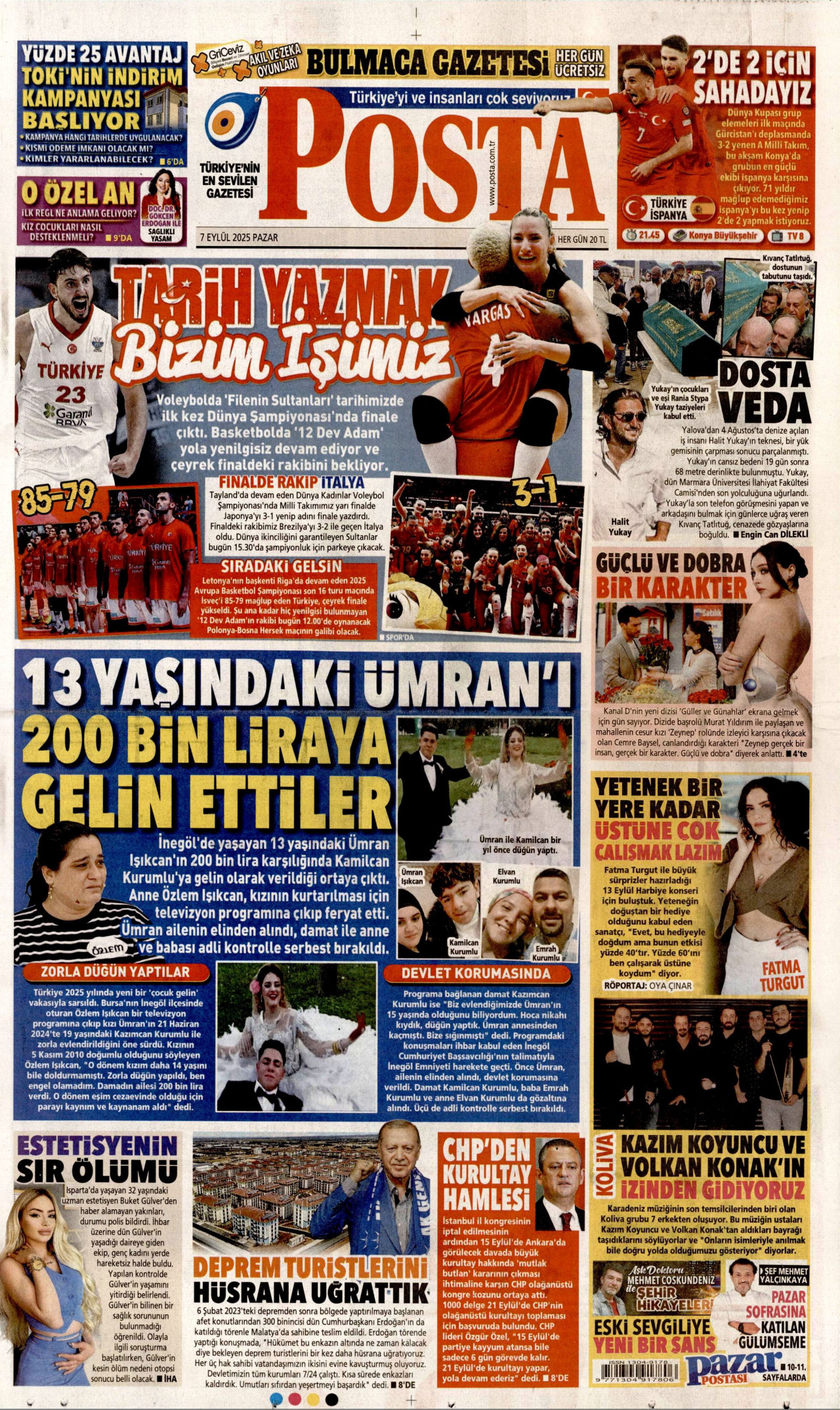 POSTA gazetesinin 7 Eylül 2025 tarihli birinci sayfası
