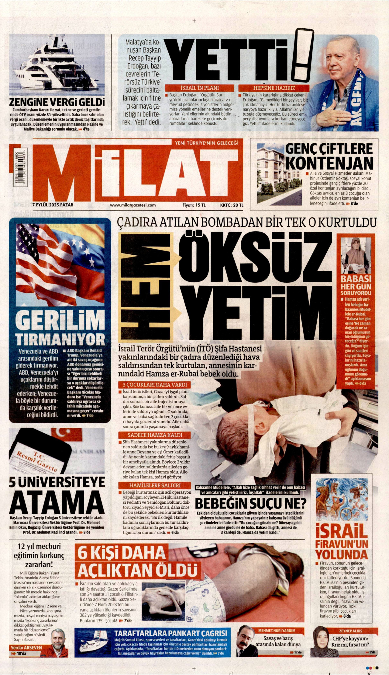MİLAT gazetesinin 7 Eylül 2025 tarihli birinci sayfası