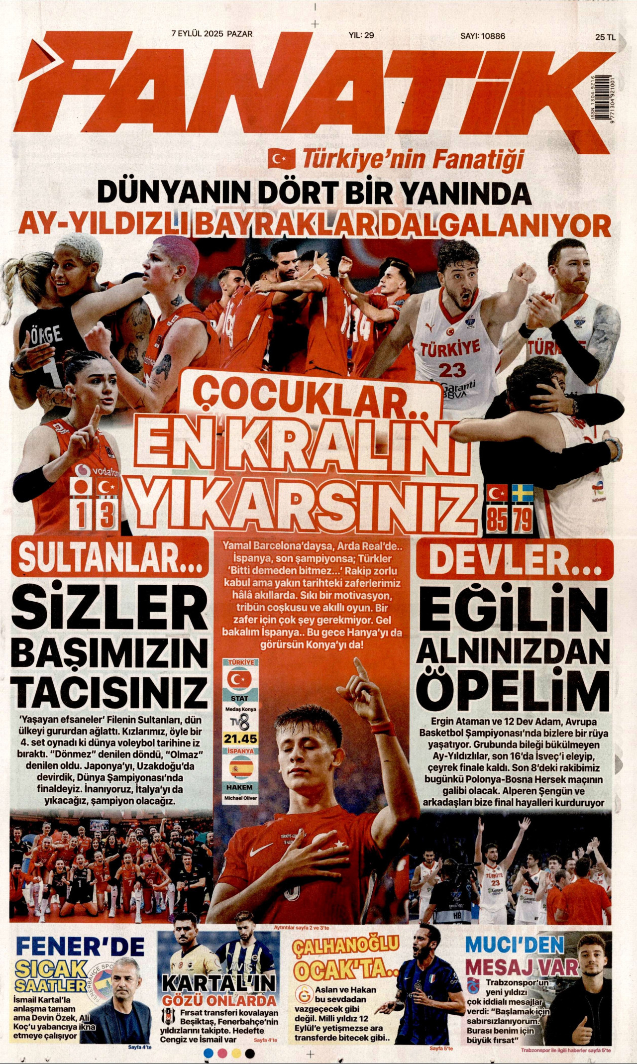 FANATİK gazetesinin 7 Eylül 2025 tarihli birinci sayfası