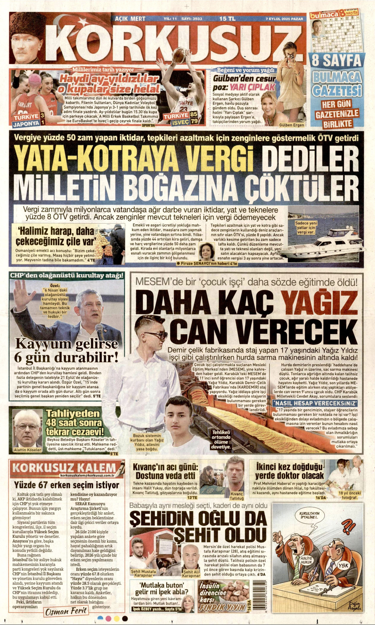 KORKUSUZ gazetesinin 7 Eylül 2025 tarihli birinci sayfası
