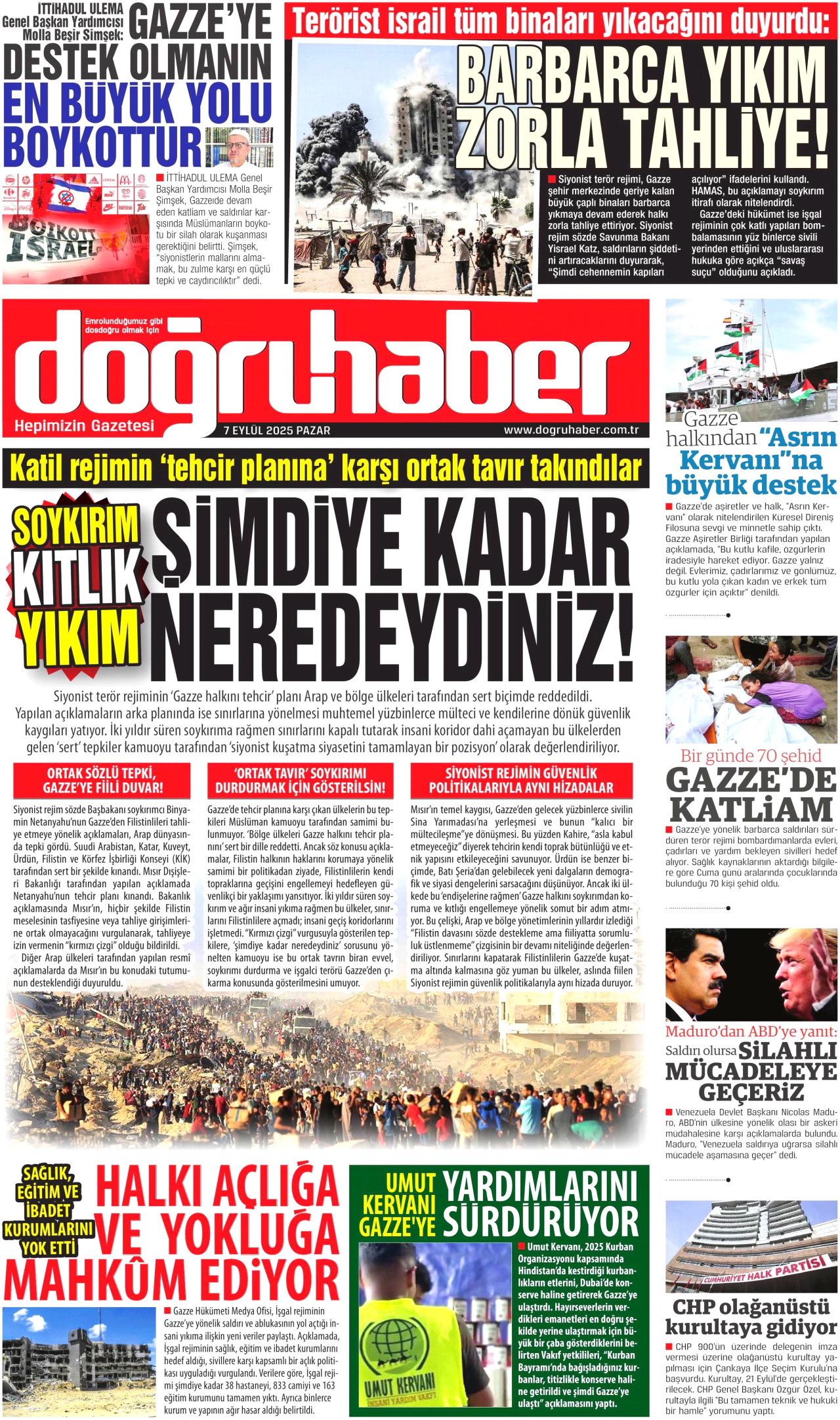 DOĞRU HABER gazetesinin 7 Eylül 2025 tarihli birinci sayfası
