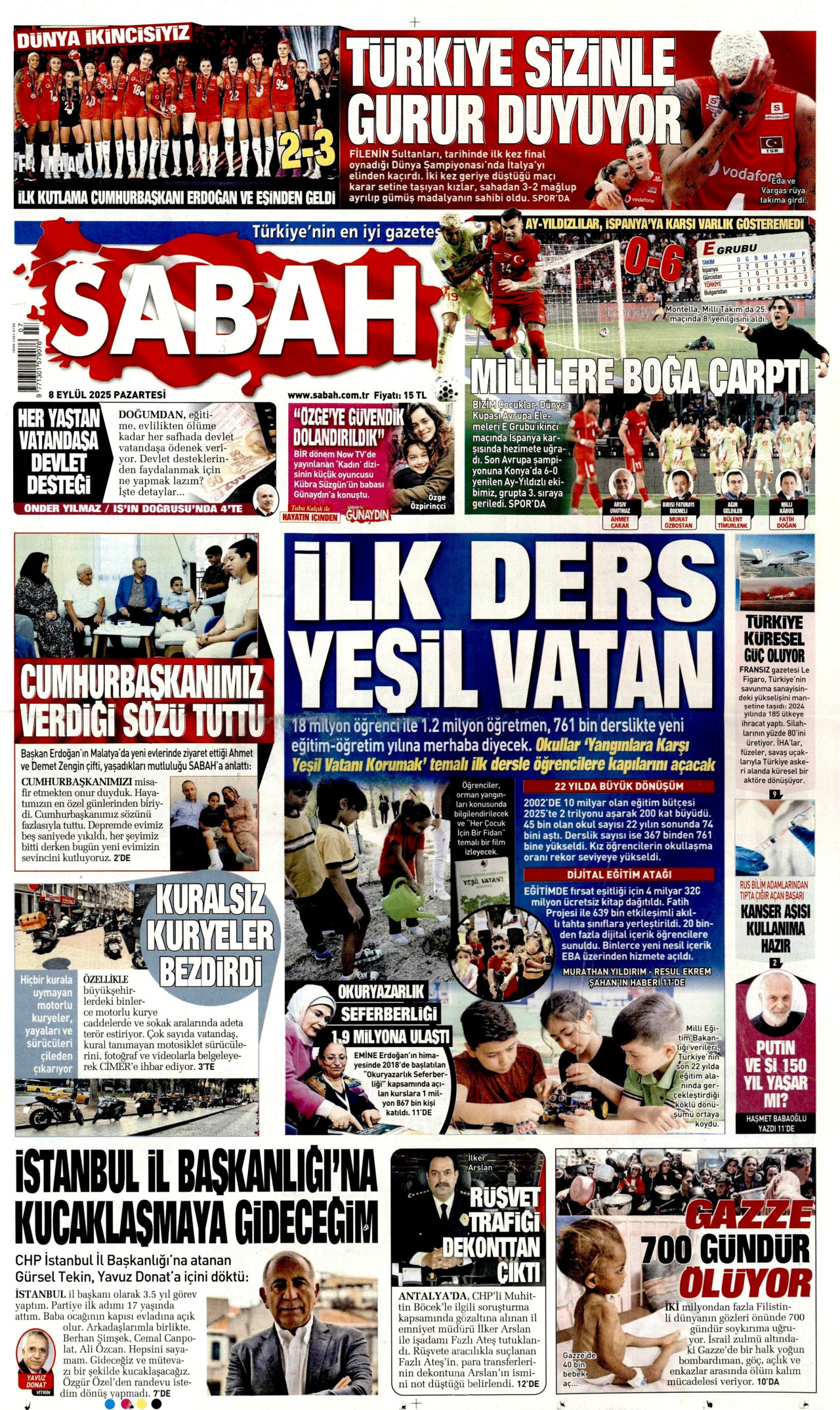 SABAH gazetesinin 8 Eylül 2025 tarihli birinci sayfası