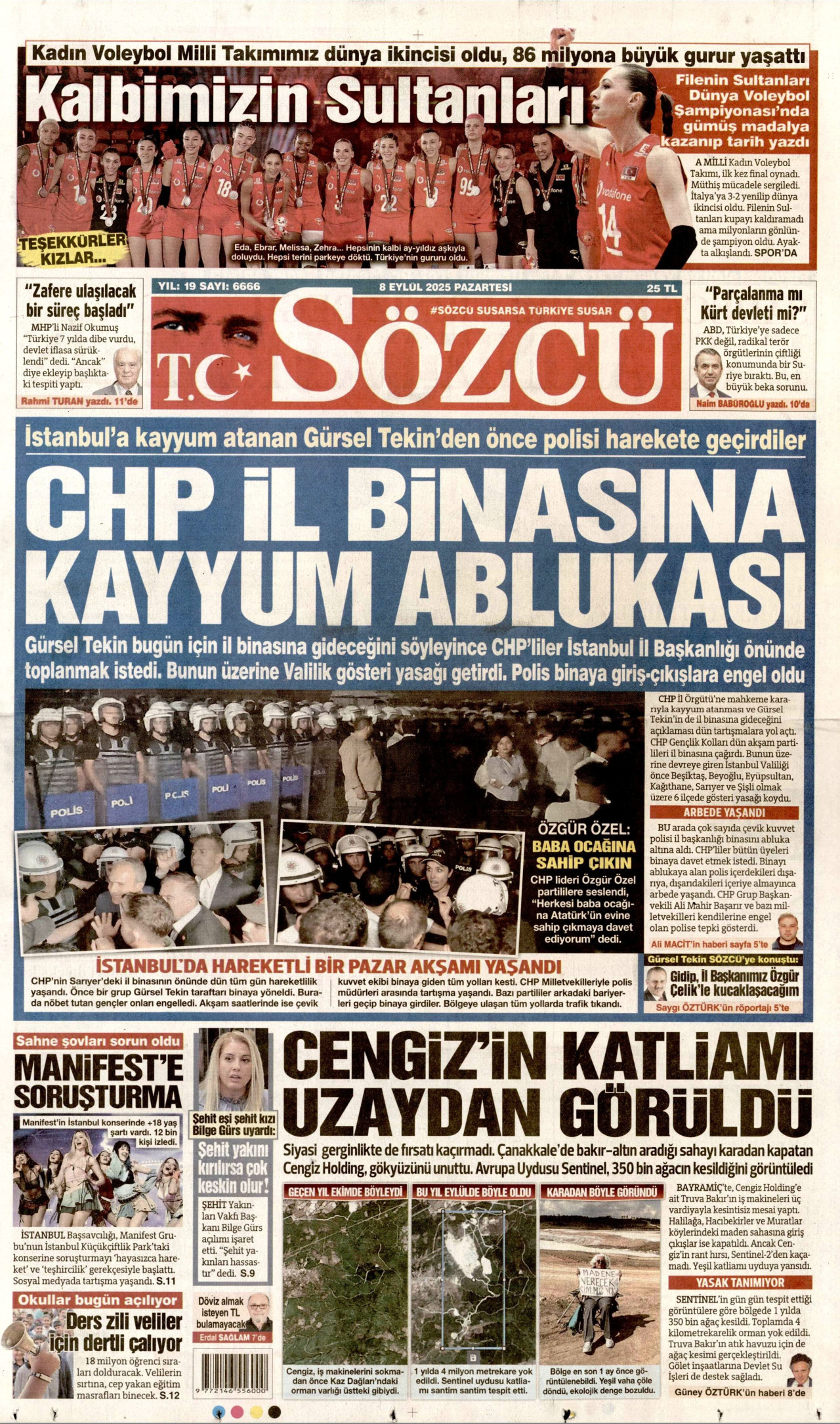 SÖZCÜ gazetesinin 8 Eylül 2025 tarihli birinci sayfası