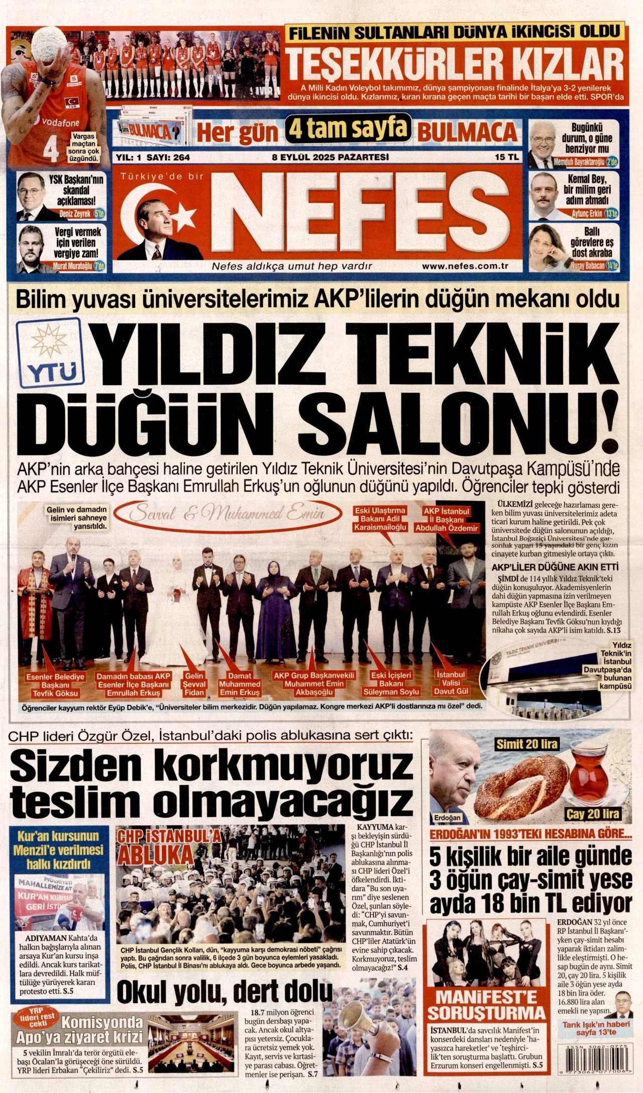 NEFES gazetesinin 8 Eylül 2025 tarihli birinci sayfası