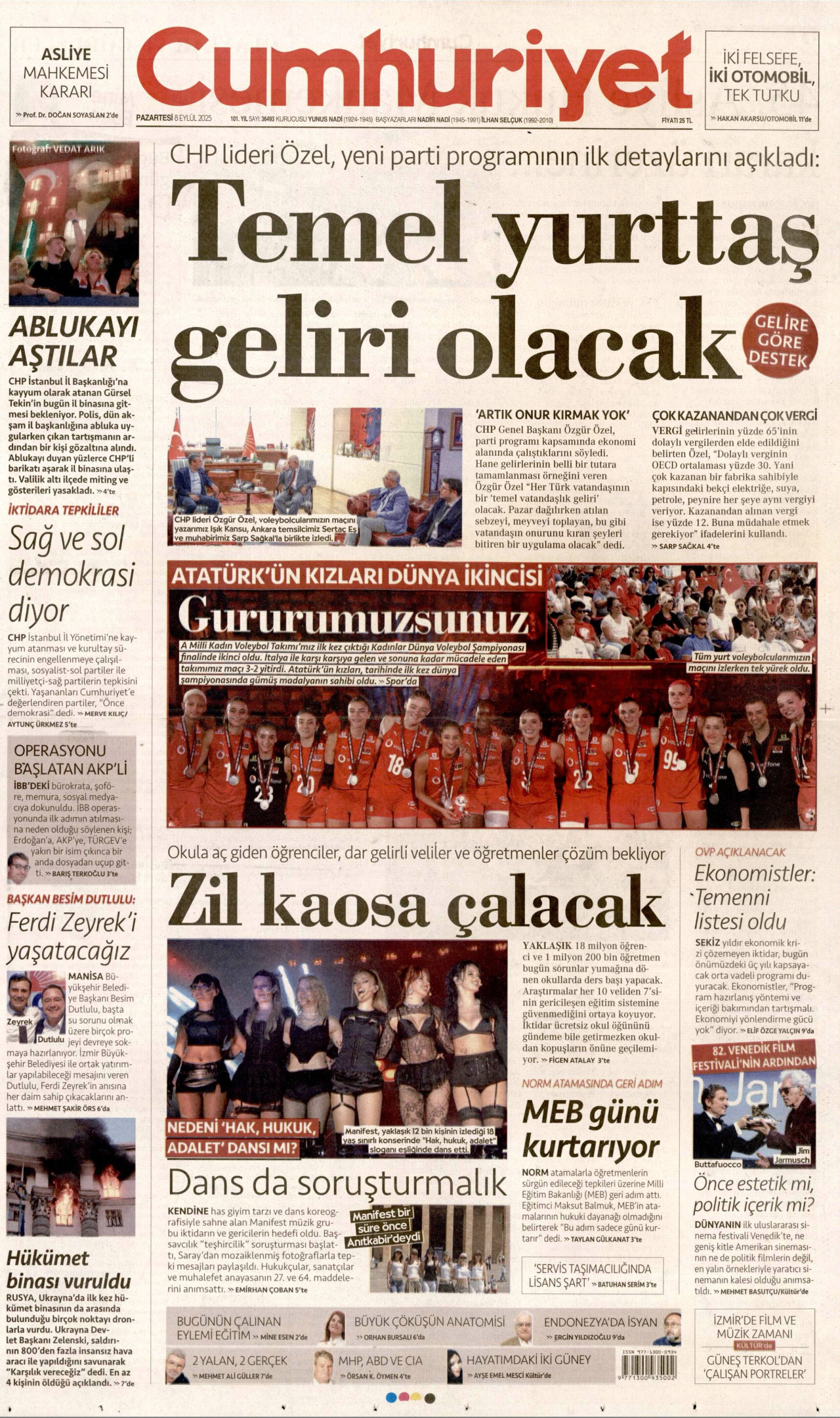 CUMHURİYET gazetesinin 8 Eylül 2025 tarihli birinci sayfası