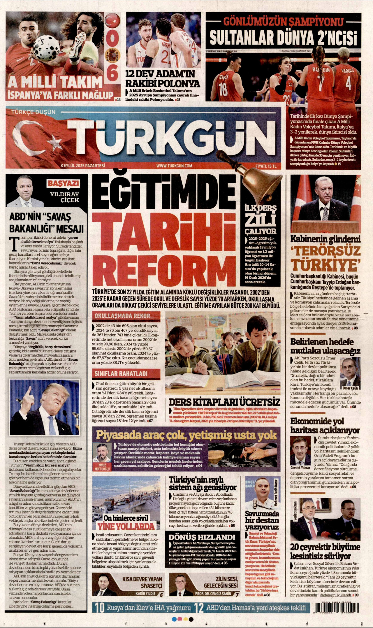 TÜRKGÜN gazetesinin 8 Eylül 2025 tarihli birinci sayfası