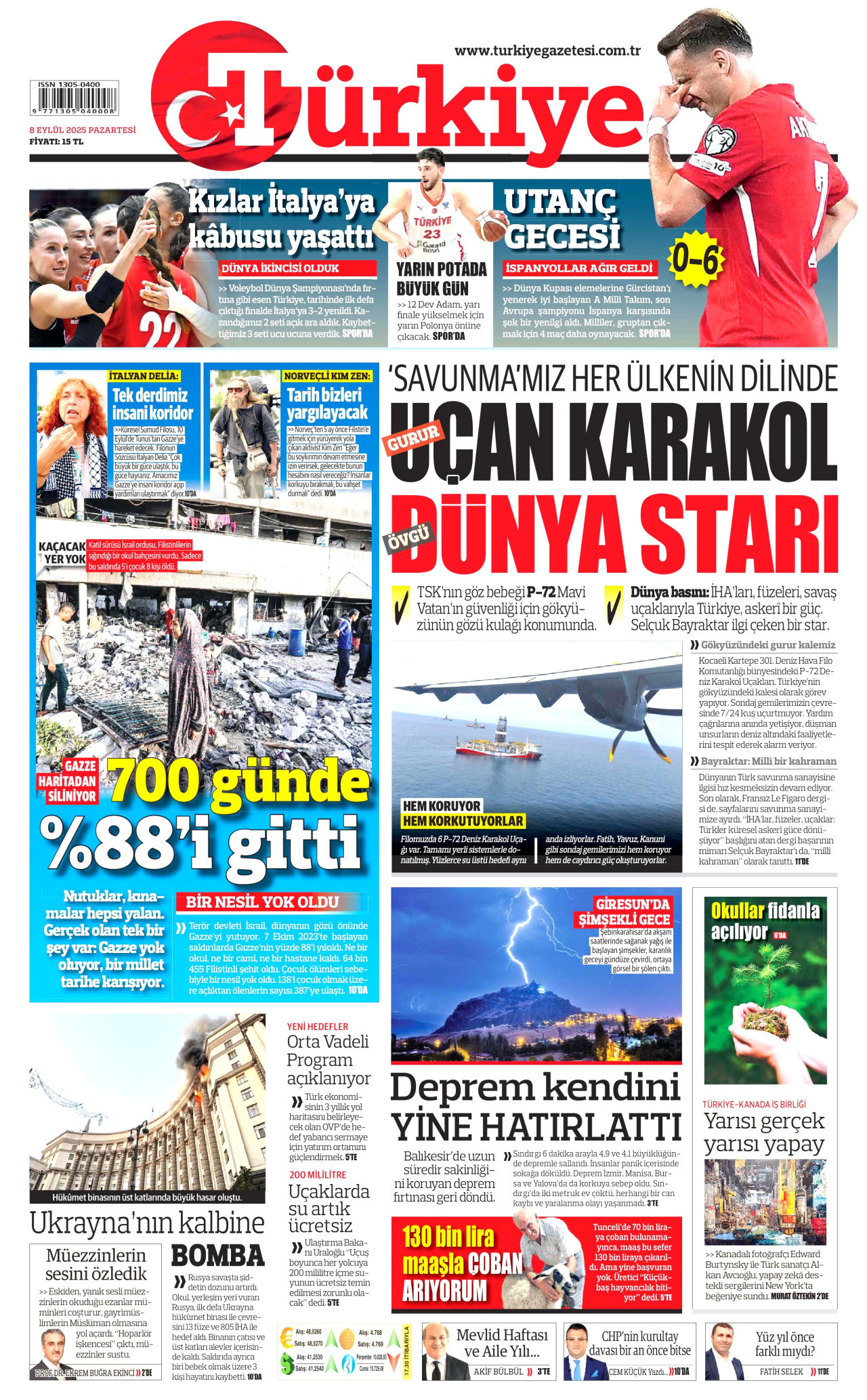 TÜRKİYE GAZETESİ gazetesinin 8 Eylül 2025 tarihli birinci sayfası