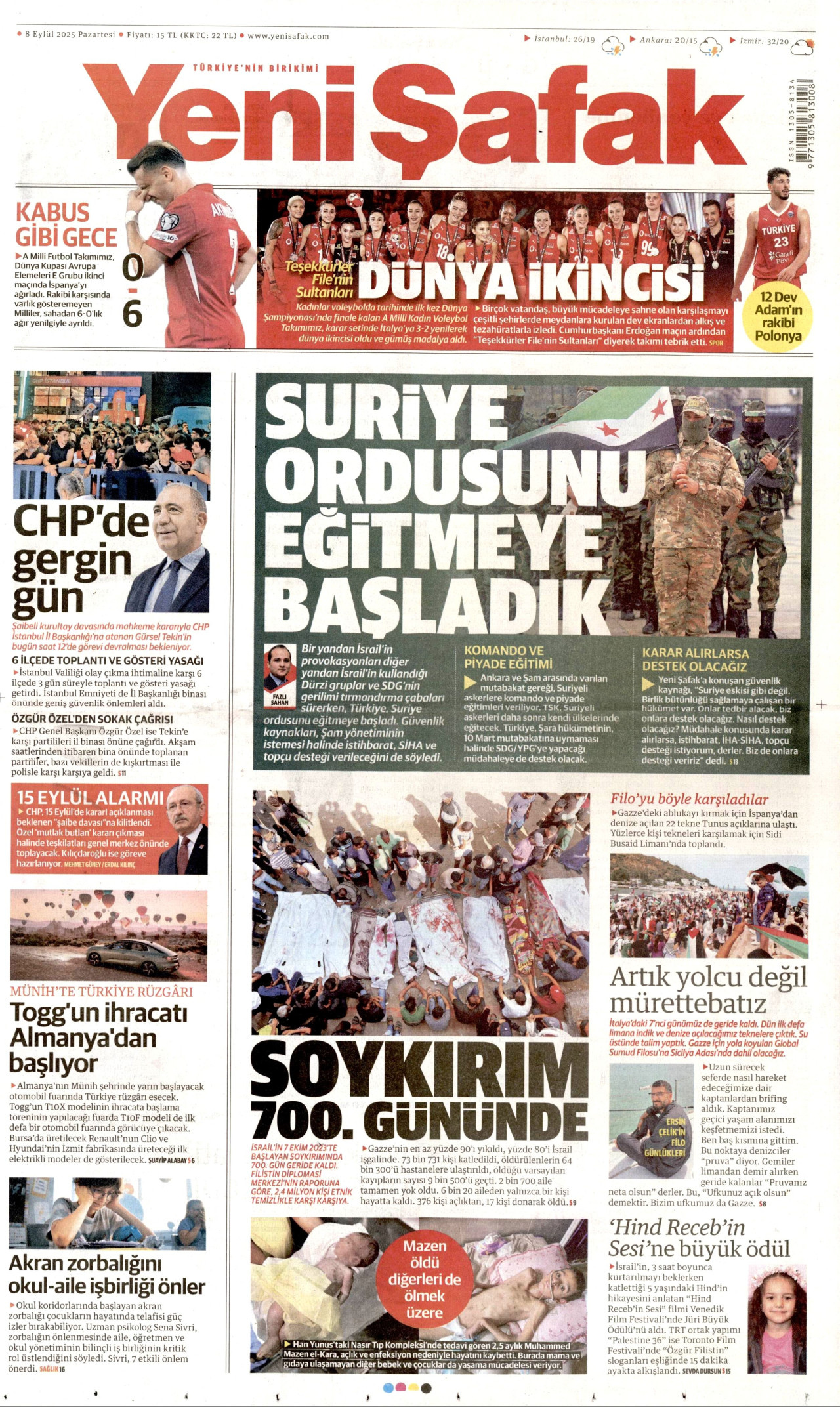 YENİ ŞAFAK gazetesinin 8 Eylül 2025 tarihli birinci sayfası