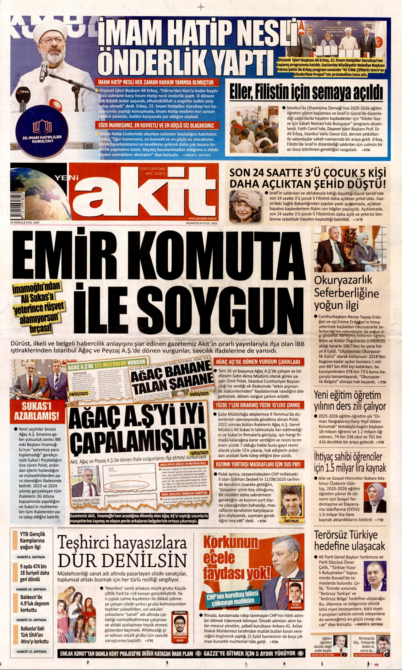 YENİ AKİT gazetesinin 8 Eylül 2025 tarihli birinci sayfası