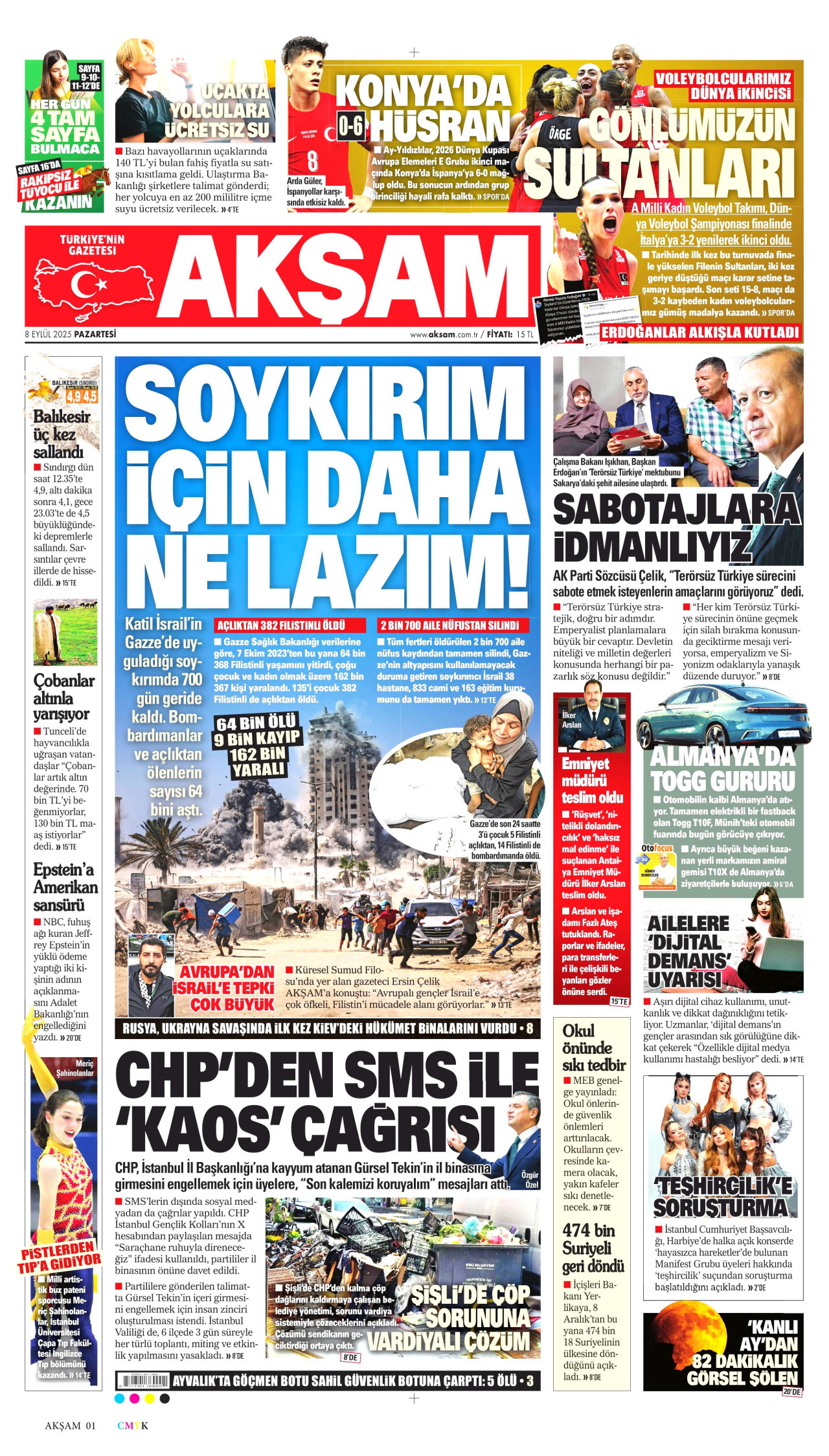 AKŞAM gazetesinin 8 Eylül 2025 tarihli birinci sayfası