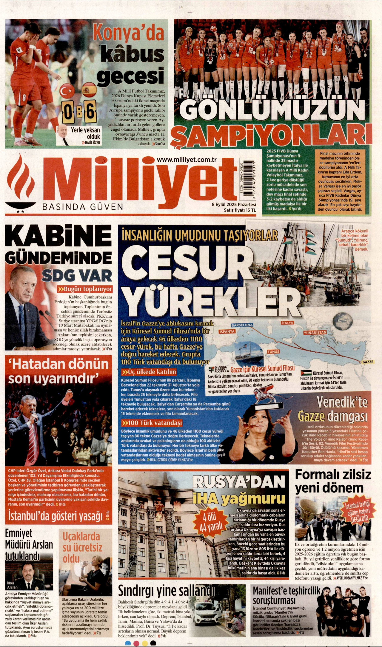 MİLLİYET gazetesinin 8 Eylül 2025 tarihli birinci sayfası