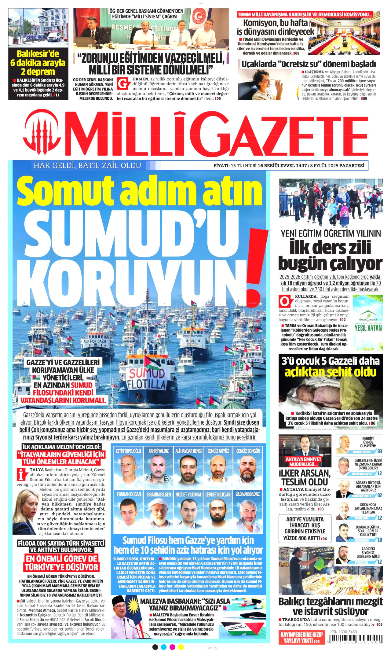MİLLİ GAZETE gazetesinin 8 Eylül 2025 tarihli birinci sayfası
