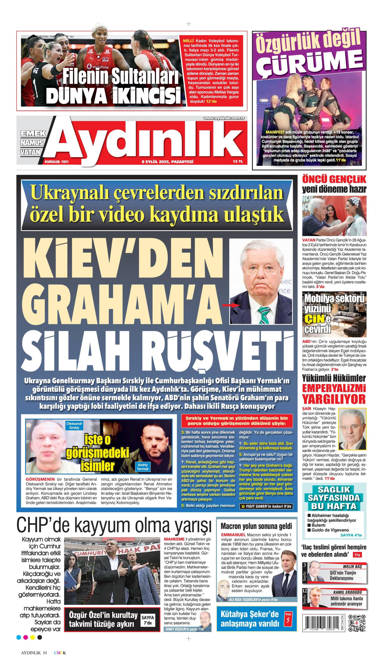 AYDINLIK GAZETESİ gazetesinin 8 Eylül 2025 tarihli birinci sayfası