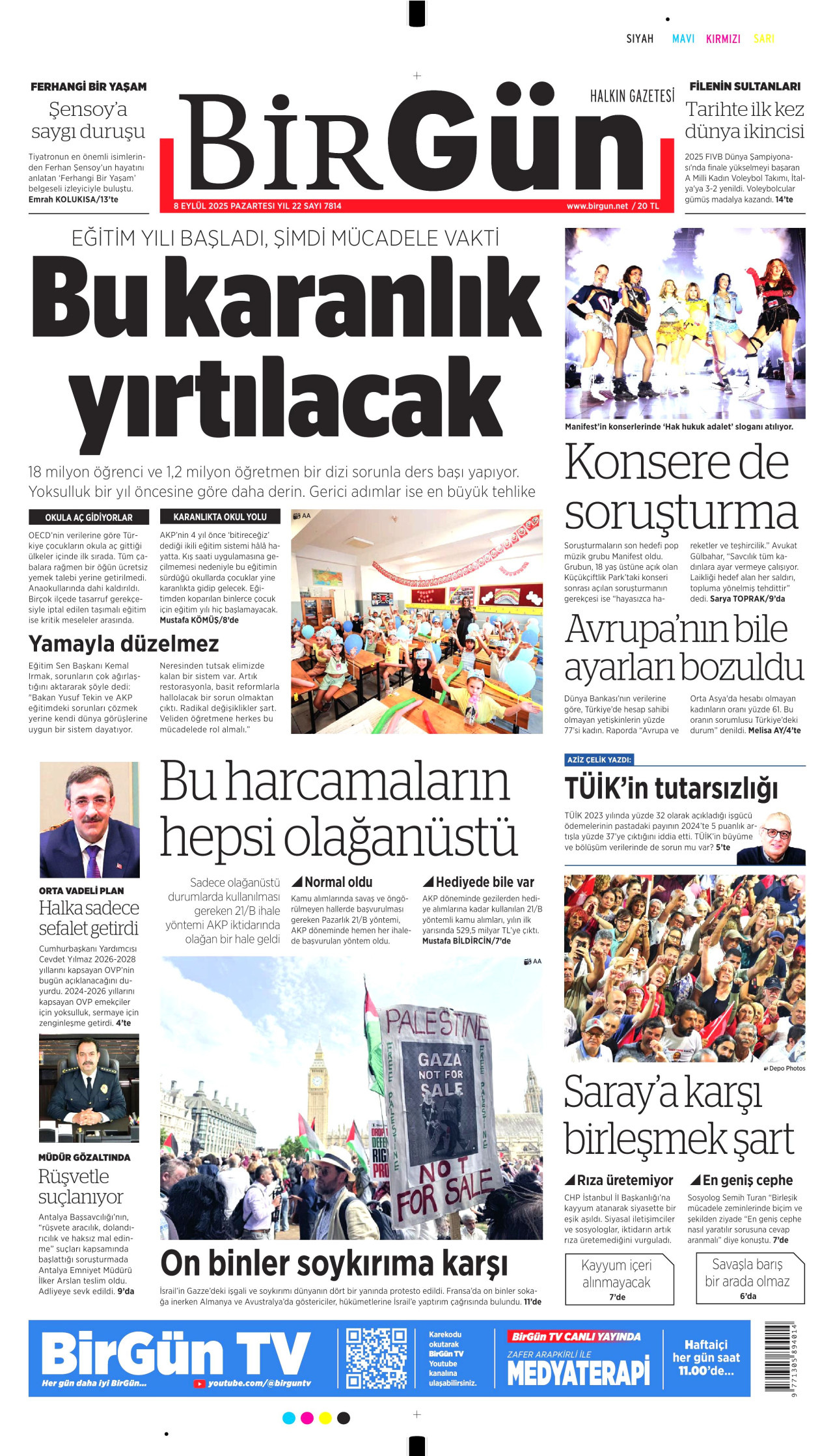 BİRGÜN gazetesinin 8 Eylül 2025 tarihli birinci sayfası