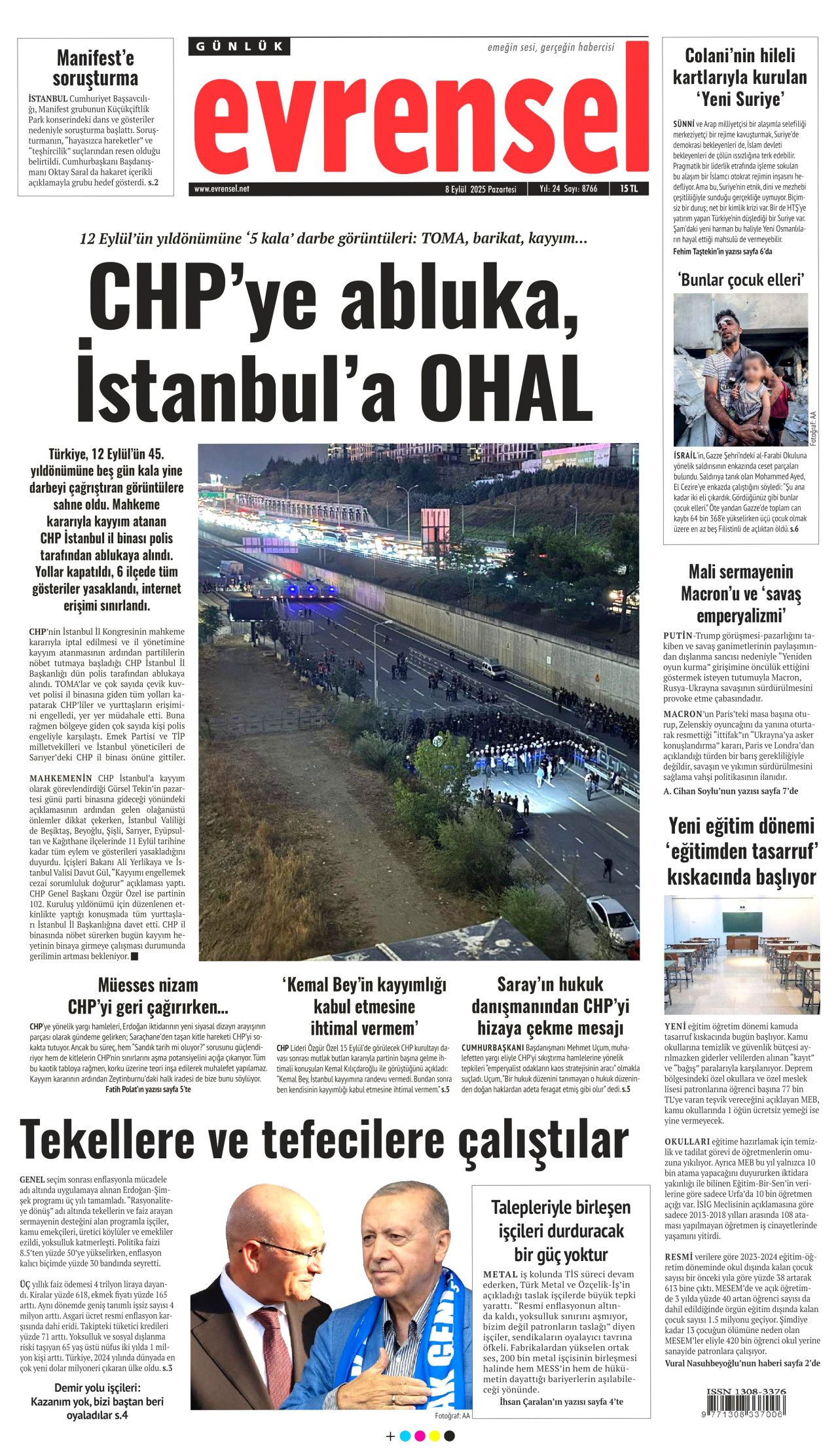 EVRENSEL gazetesinin 8 Eylül 2025 tarihli birinci sayfası