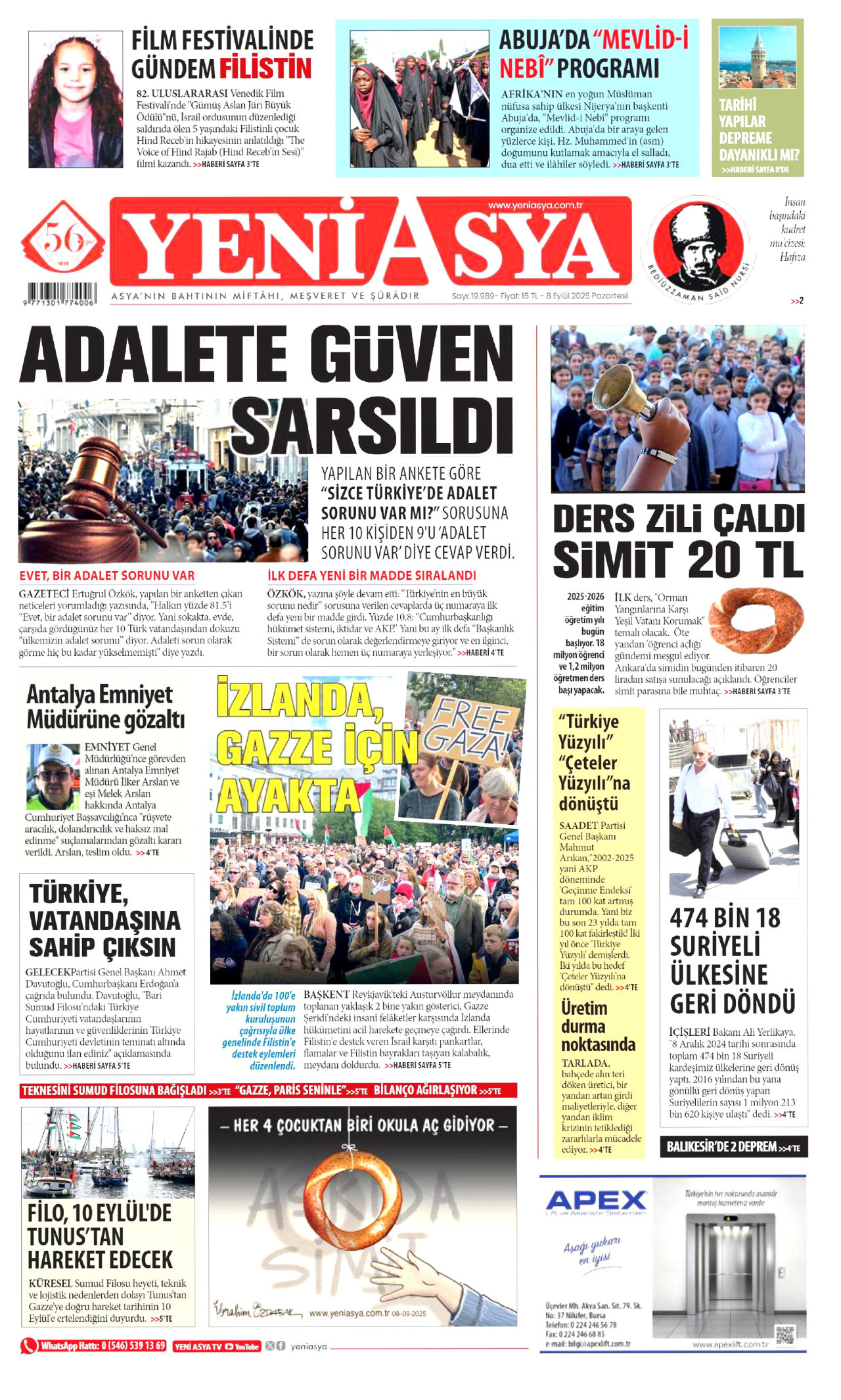 YENİ ASYA gazetesinin 8 Eylül 2025 tarihli birinci sayfası