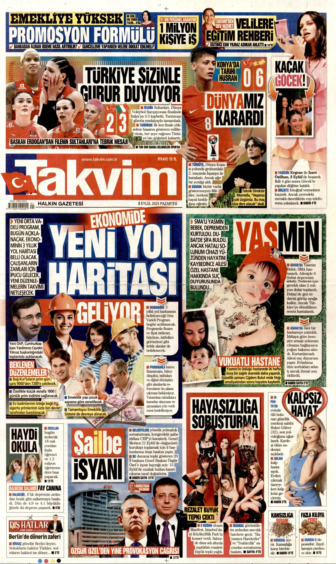 TAKVİM gazetesinin 8 Eylül 2025 tarihli birinci sayfası