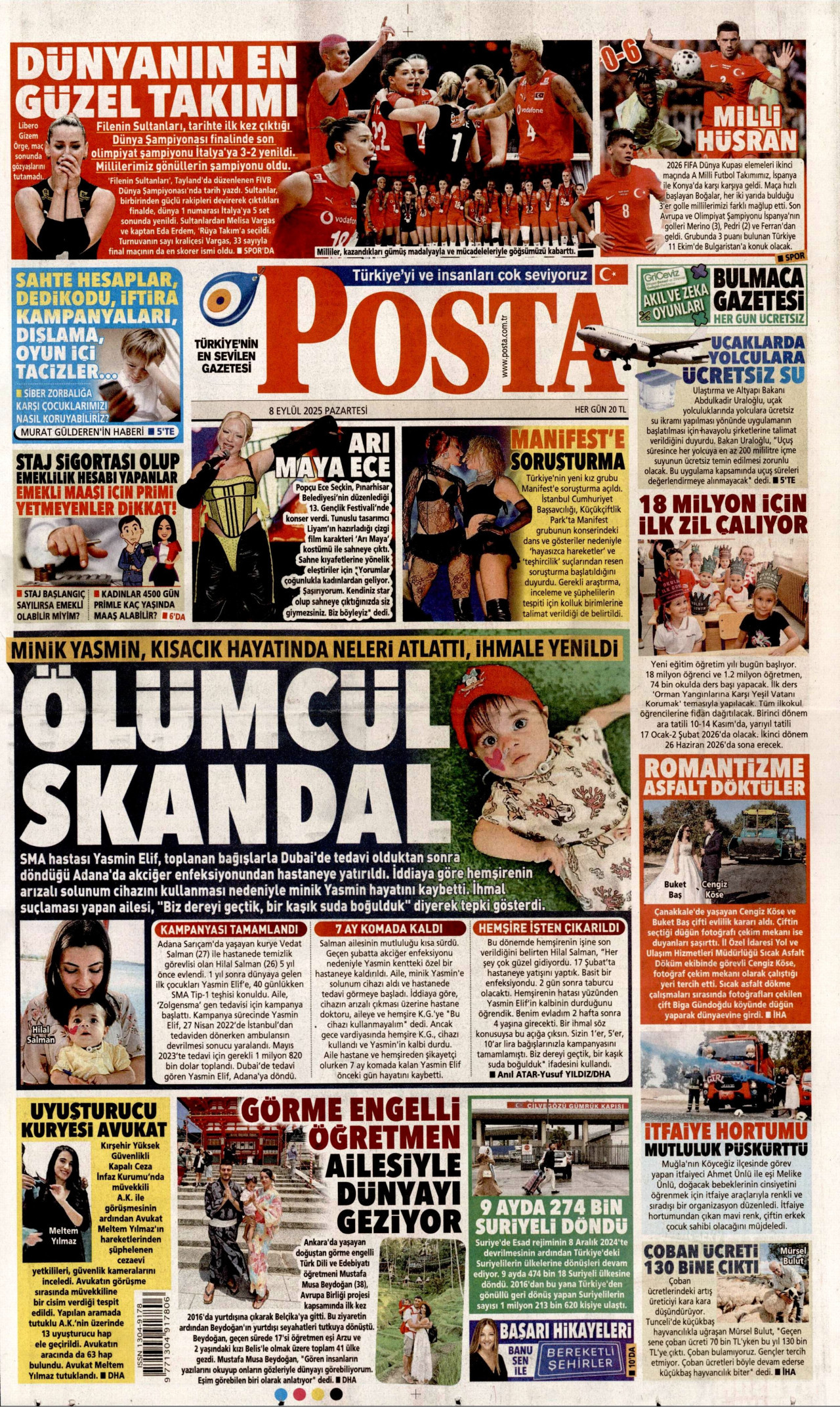 POSTA gazetesinin 8 Eylül 2025 tarihli birinci sayfası