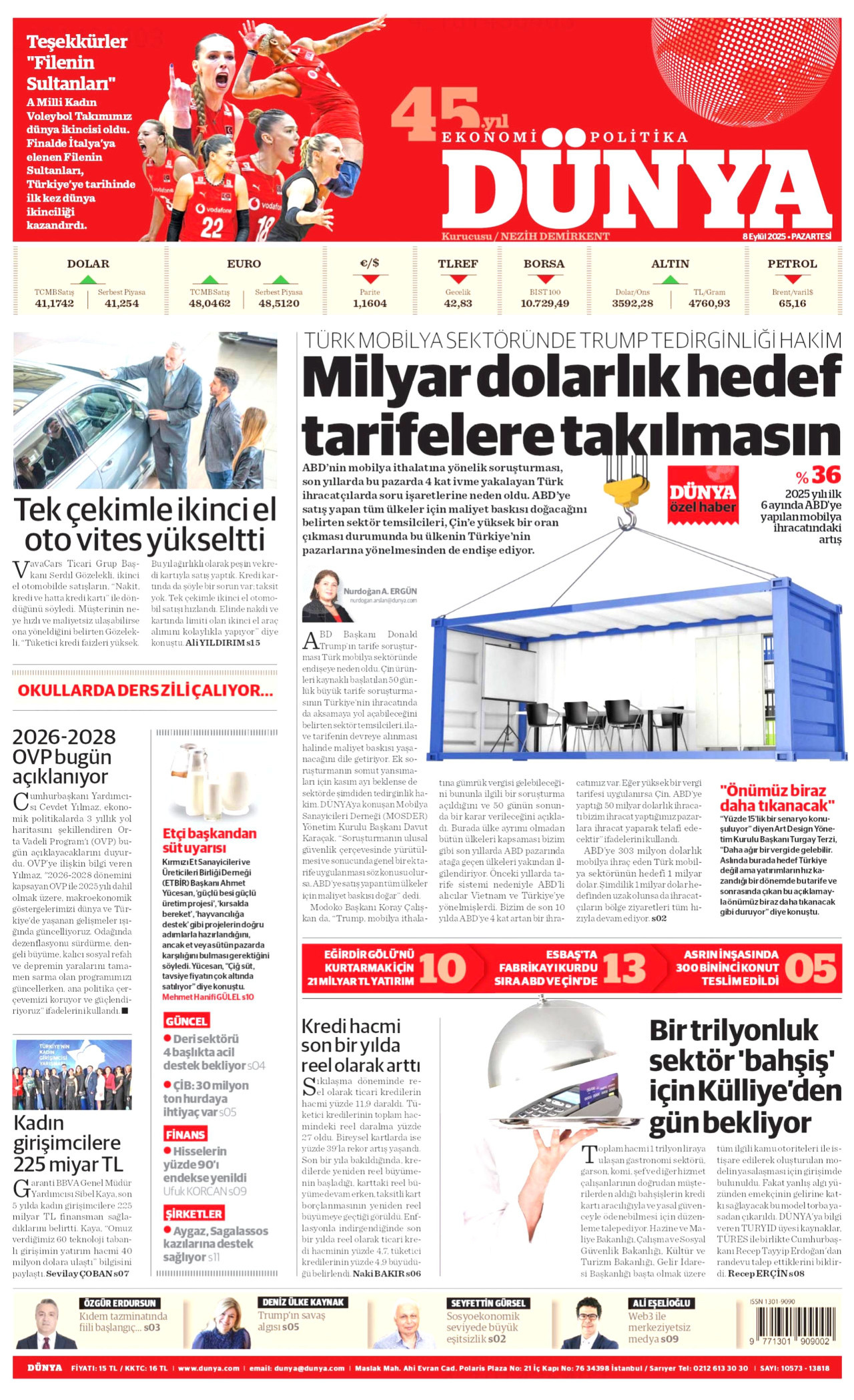 DÜNYA gazetesinin 8 Eylül 2025 tarihli birinci sayfası