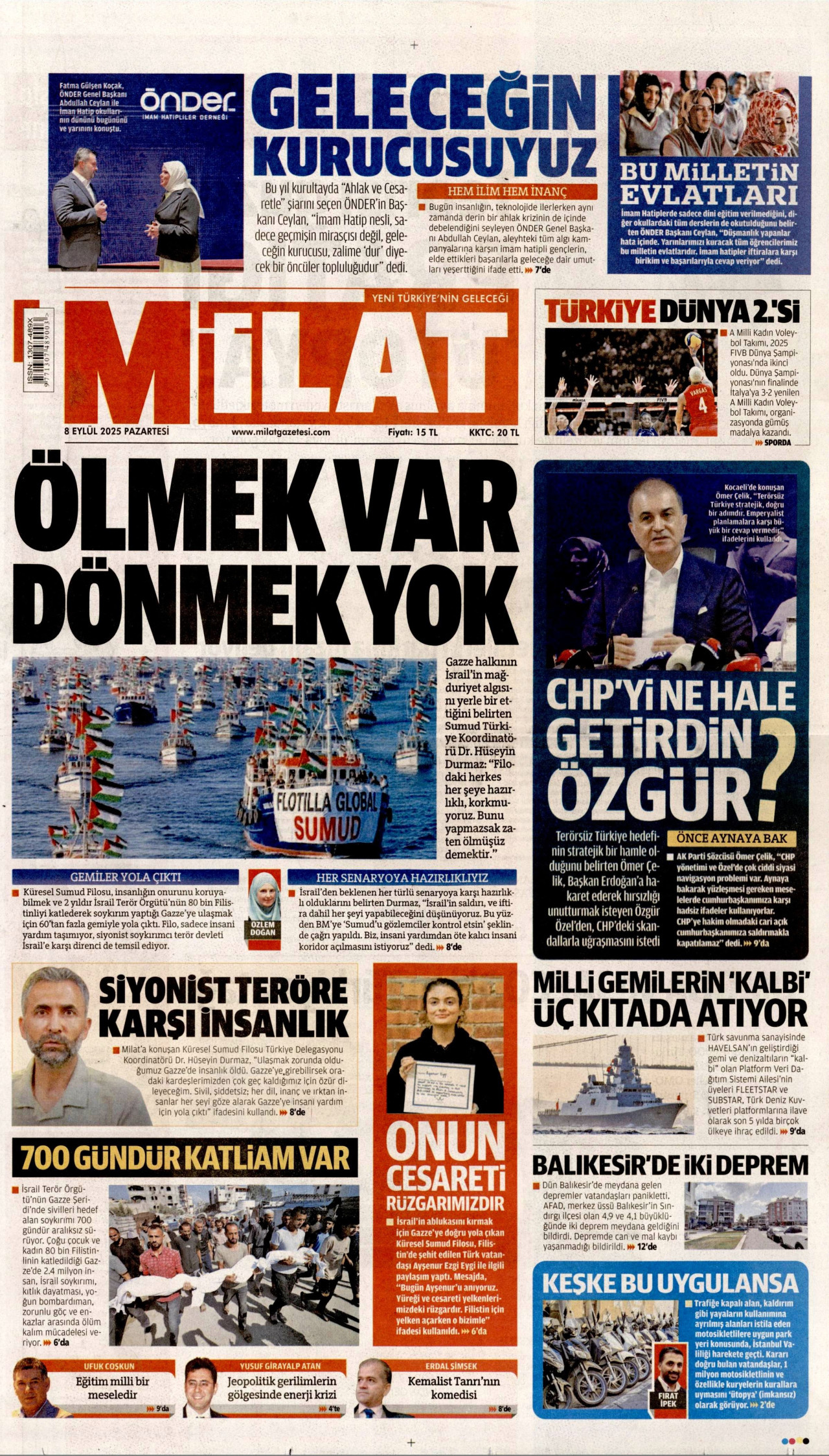 MİLAT gazetesinin 8 Eylül 2025 tarihli birinci sayfası
