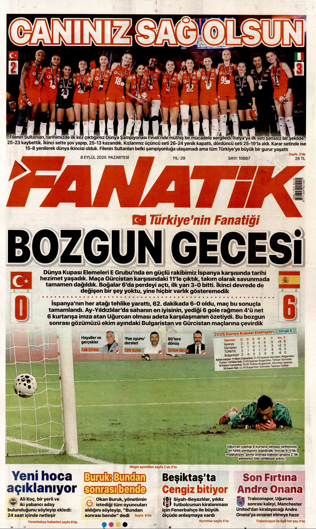 FANATİK gazetesinin 8 Eylül 2025 tarihli birinci sayfası