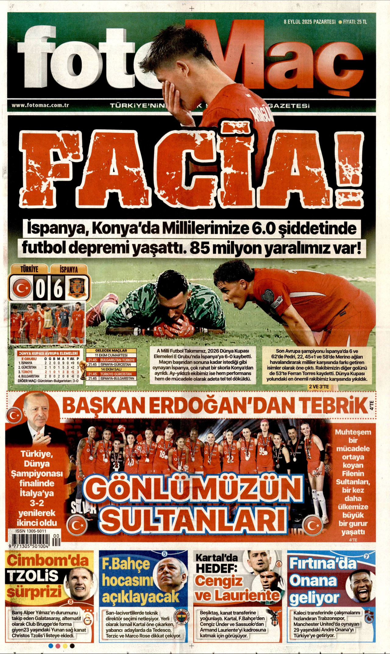 FOTOMAÇ gazetesinin 8 Eylül 2025 tarihli birinci sayfası