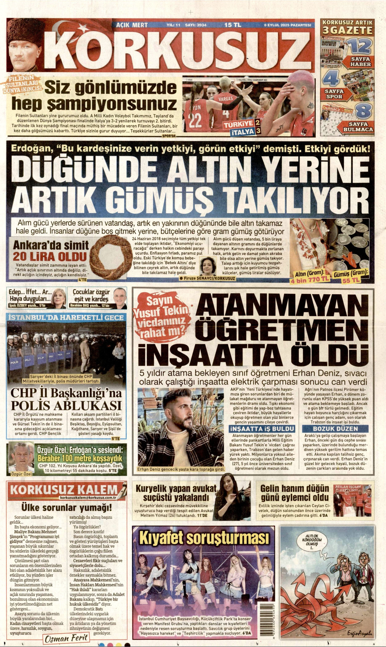 KORKUSUZ gazetesinin 8 Eylül 2025 tarihli birinci sayfası