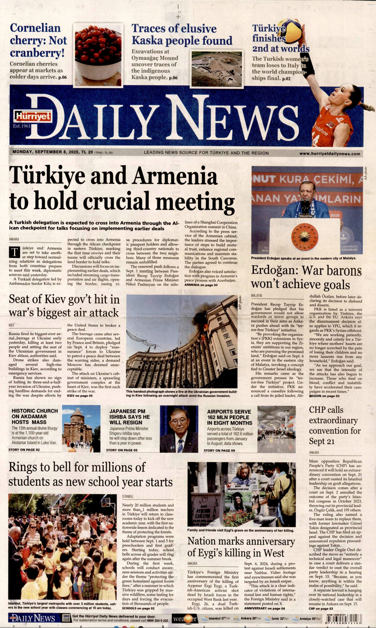HÜRRİYET DAİLY NEWS gazetesinin 8 Eylül 2025 tarihli birinci sayfası