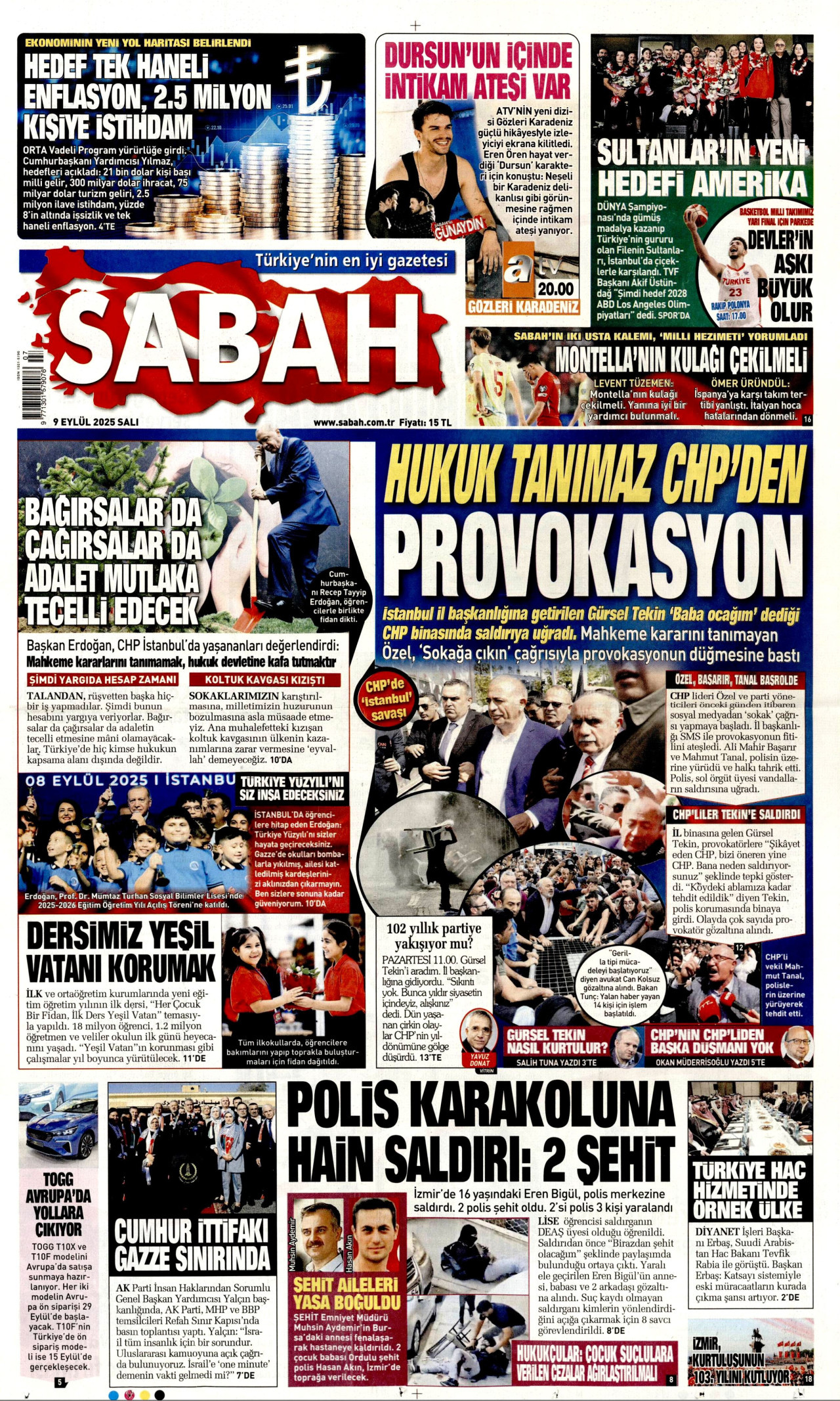 SABAH gazetesinin 9 Eylül 2025 tarihli birinci sayfası