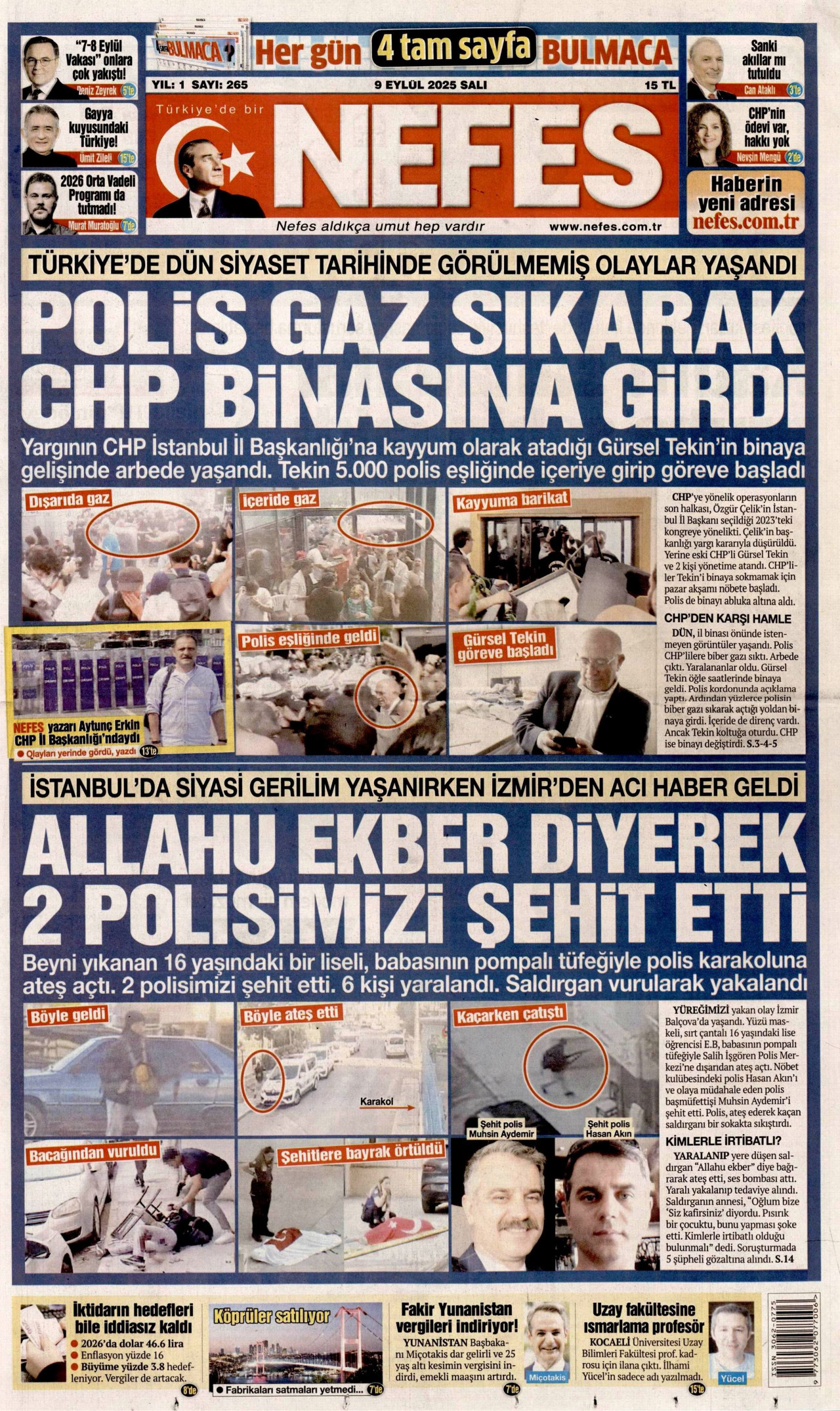 NEFES gazetesinin 9 Eylül 2025 tarihli birinci sayfası