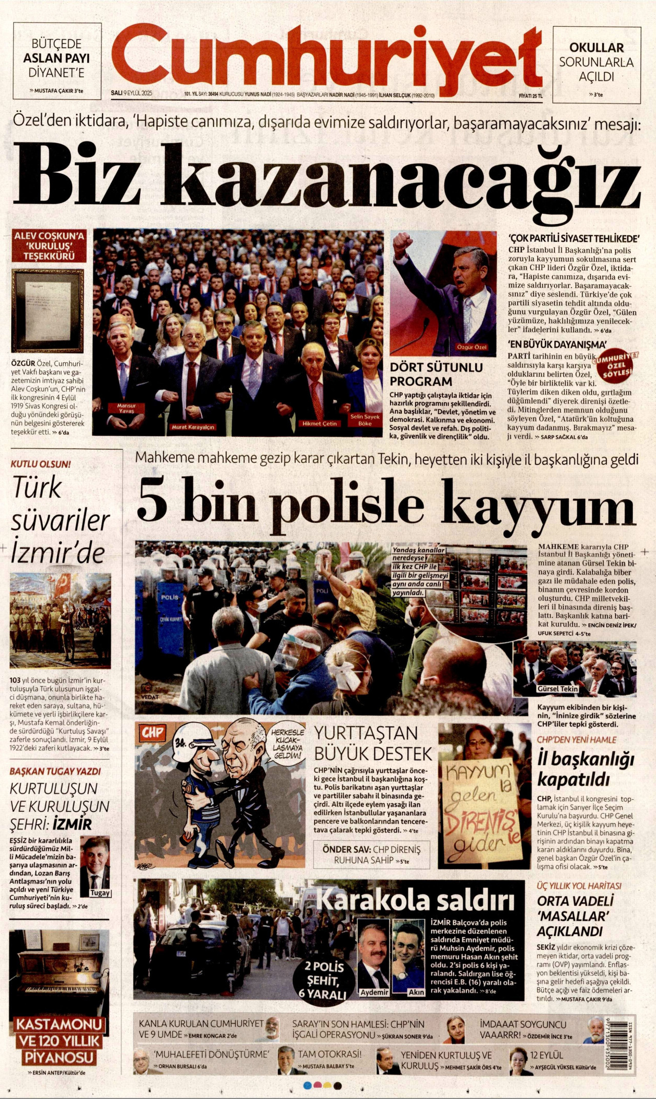 CUMHURİYET gazetesinin 9 Eylül 2025 tarihli birinci sayfası