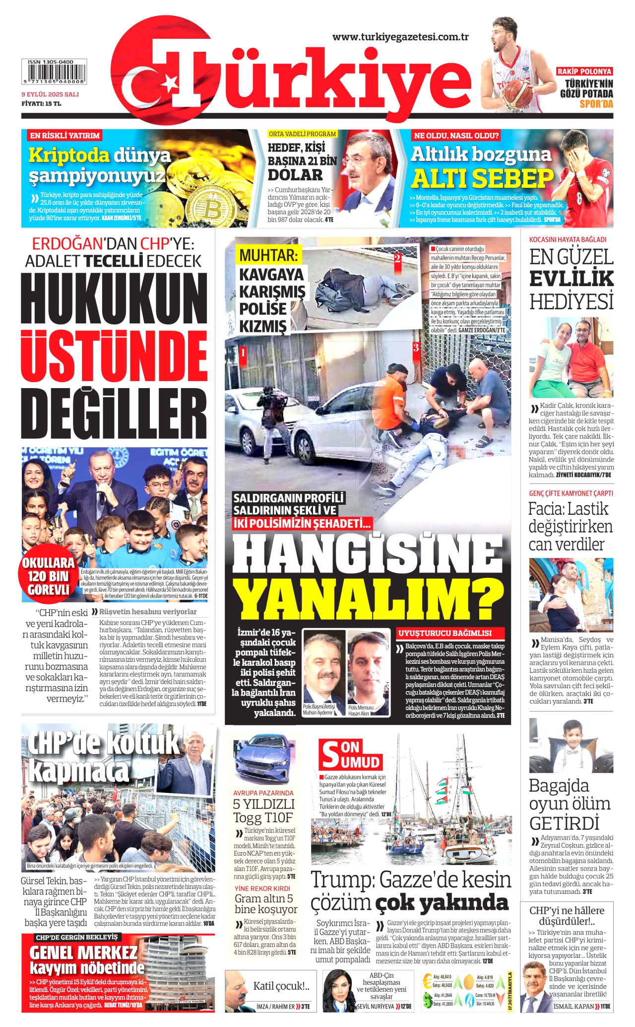 TÜRKİYE GAZETESİ gazetesinin 9 Eylül 2025 tarihli birinci sayfası