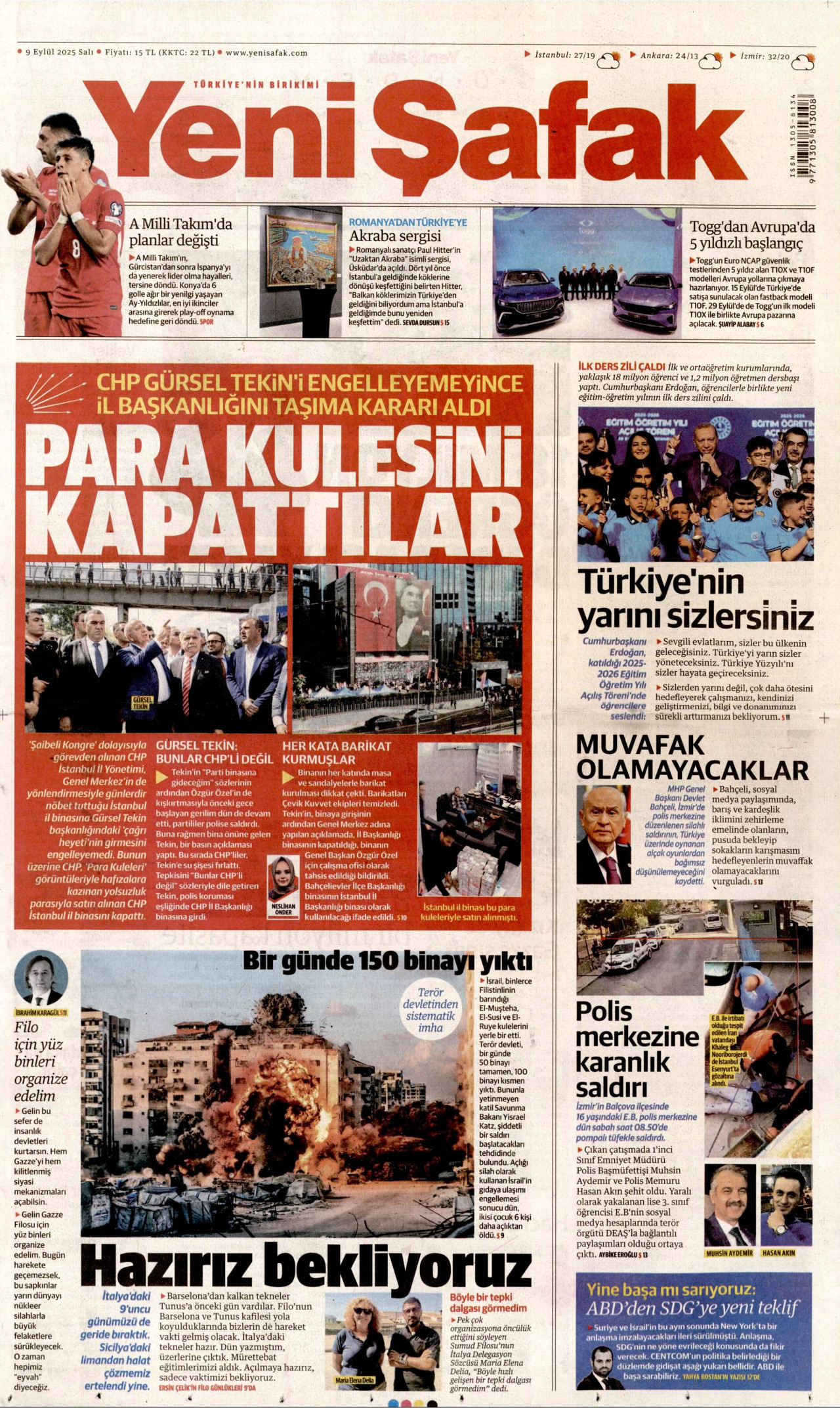 YENİ ŞAFAK gazetesinin 9 Eylül 2025 tarihli birinci sayfası