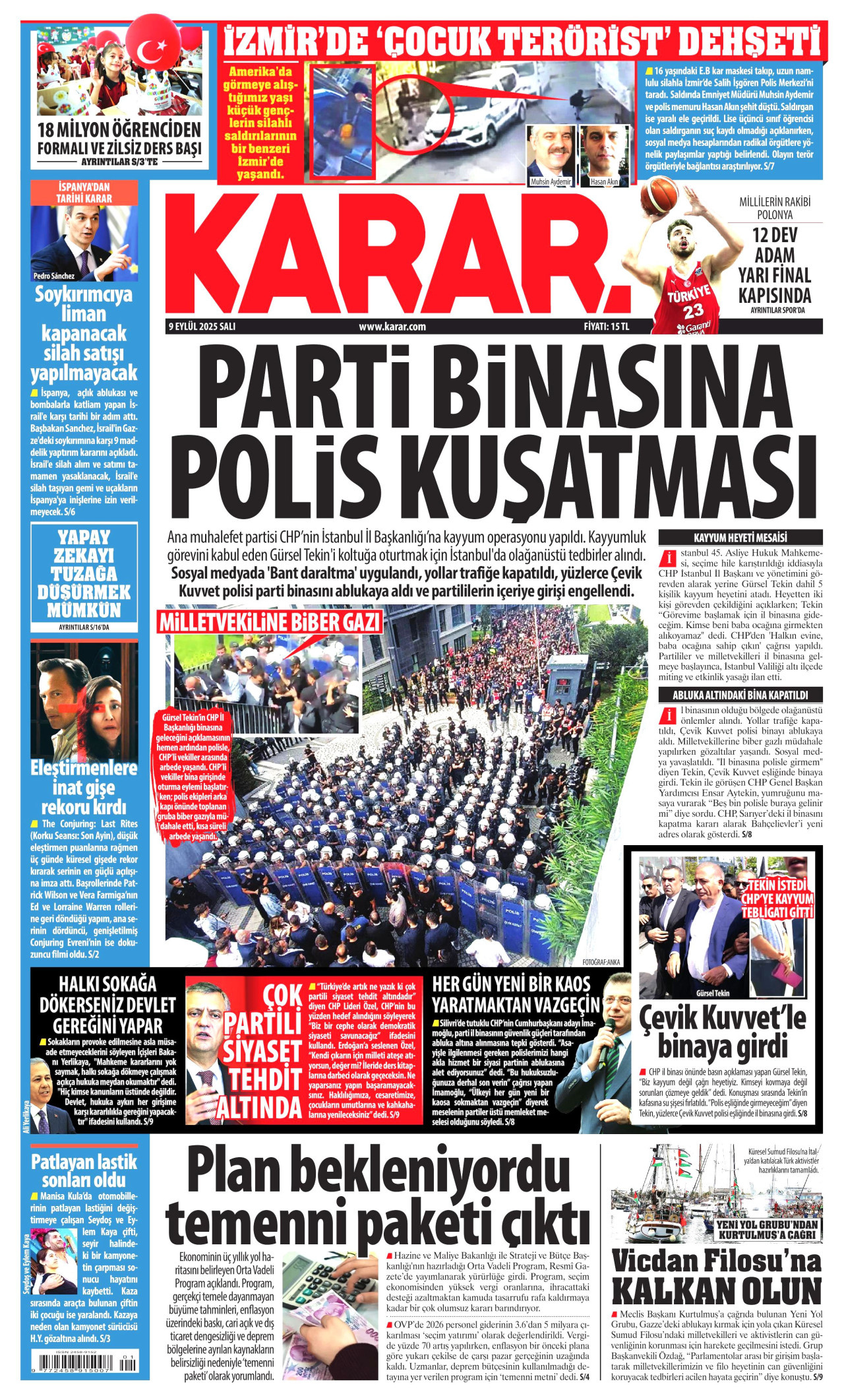 KARAR gazetesinin 9 Eylül 2025 tarihli birinci sayfası