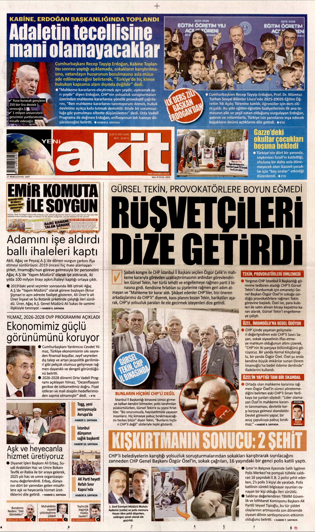 YENİ AKİT gazetesinin 9 Eylül 2025 tarihli birinci sayfası