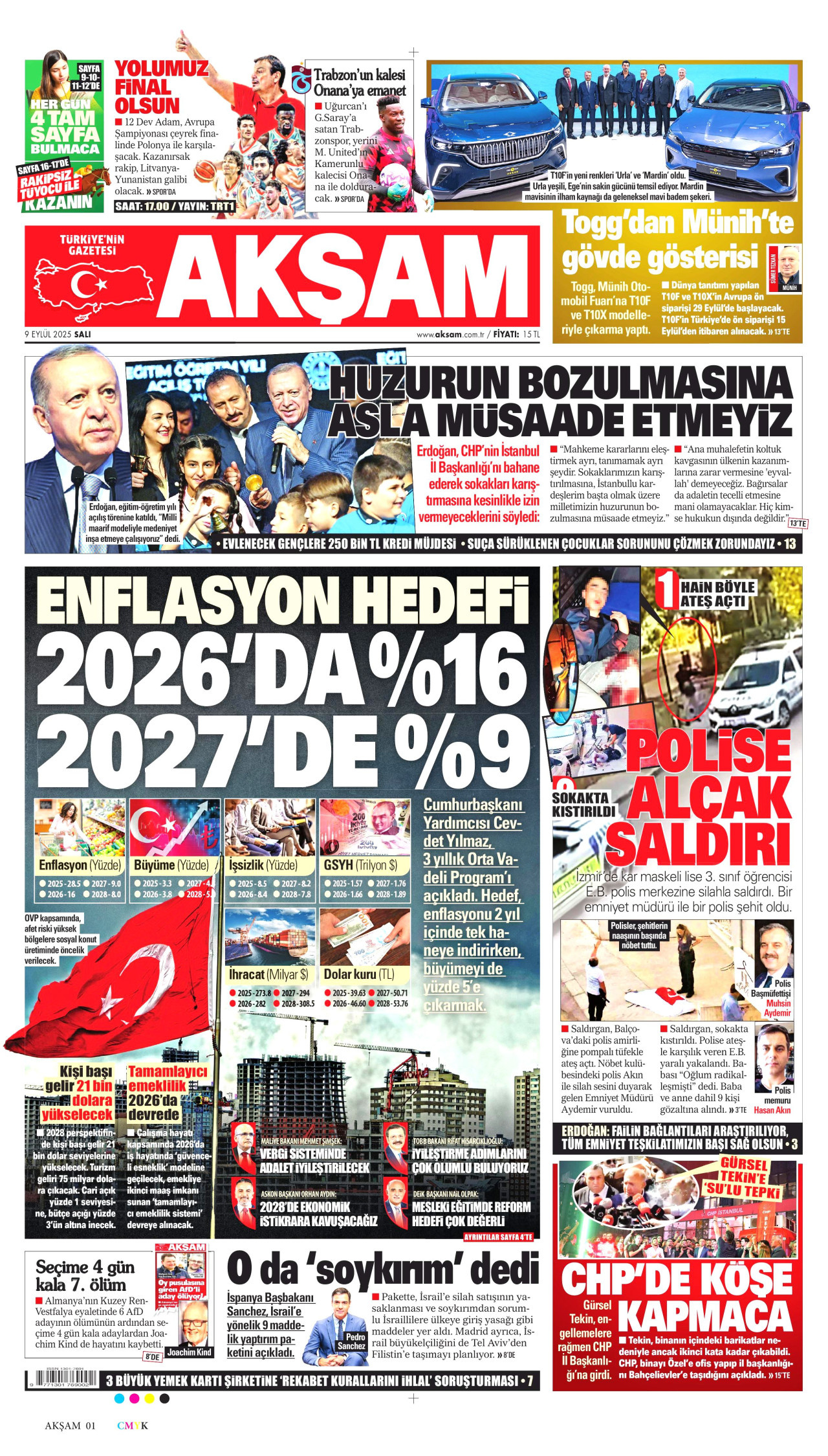AKŞAM gazetesinin 9 Eylül 2025 tarihli birinci sayfası