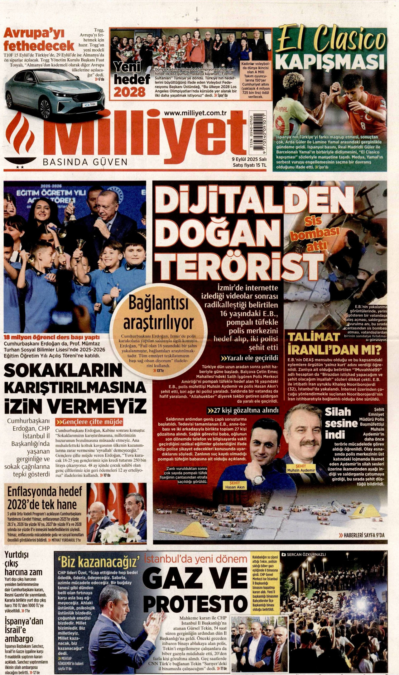 MİLLİYET gazetesinin 9 Eylül 2025 tarihli birinci sayfası