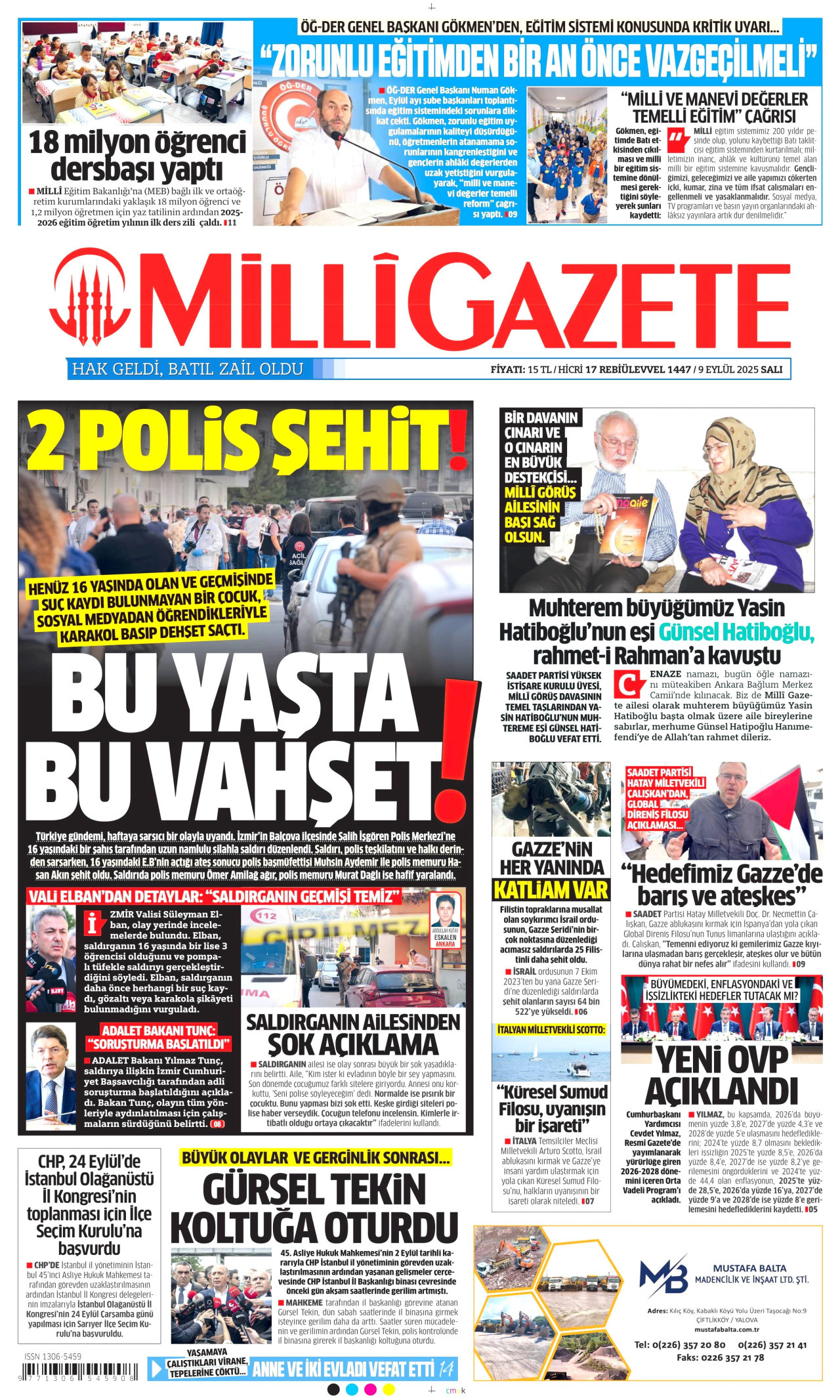 MİLLİ GAZETE gazetesinin 9 Eylül 2025 tarihli birinci sayfası