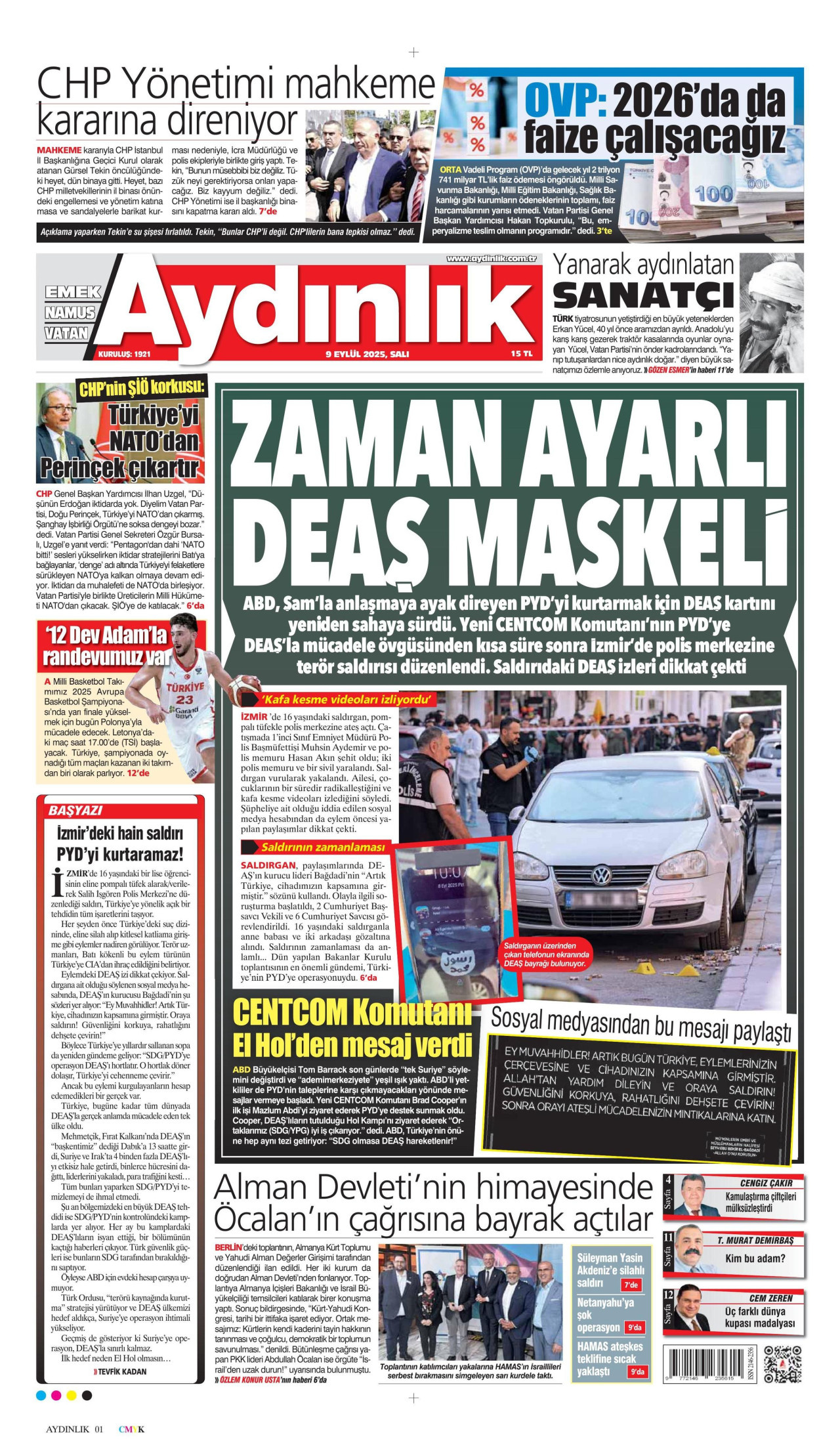 AYDINLIK GAZETESİ gazetesinin 9 Eylül 2025 tarihli birinci sayfası