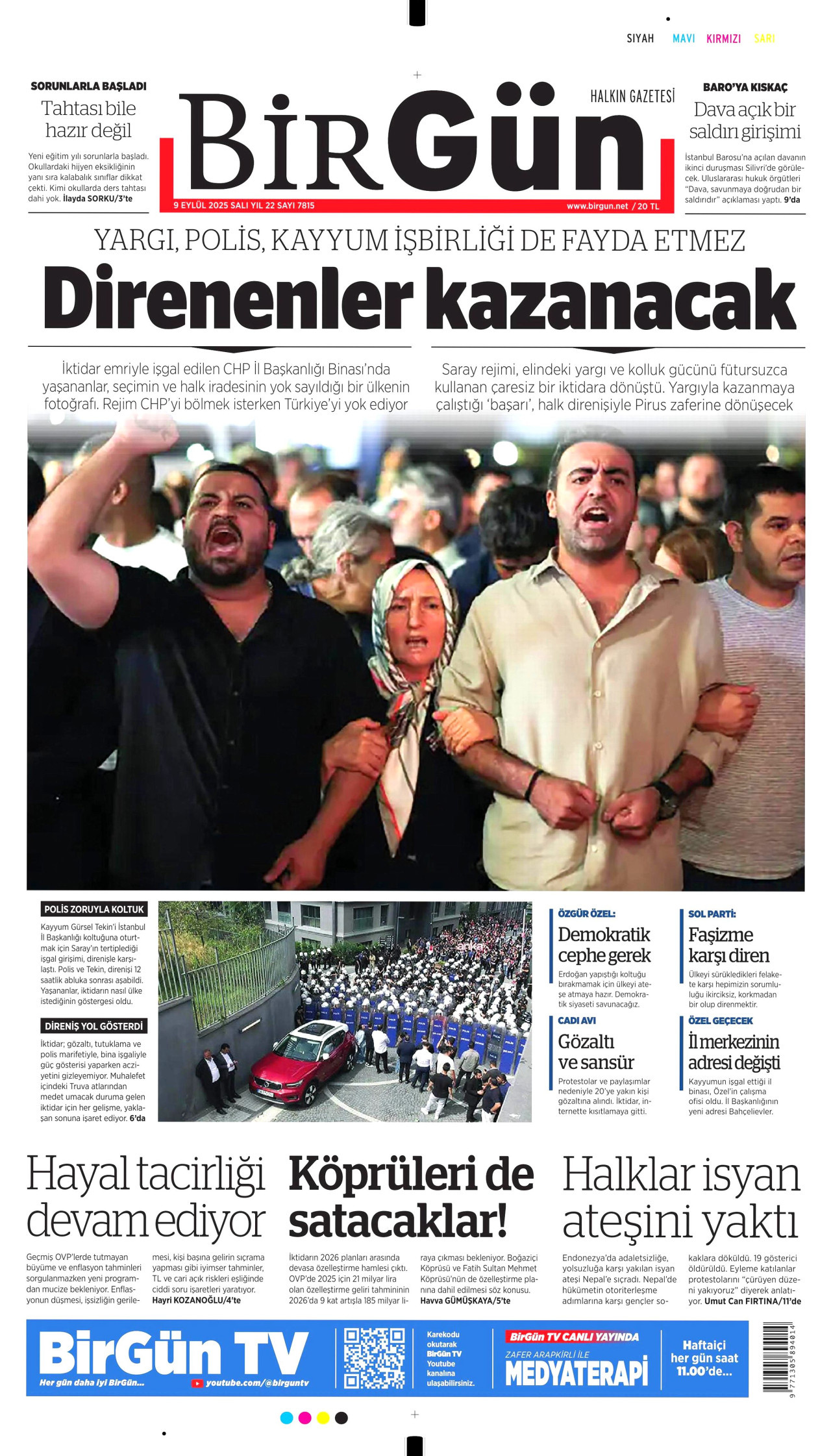 BİRGÜN gazetesinin 9 Eylül 2025 tarihli birinci sayfası