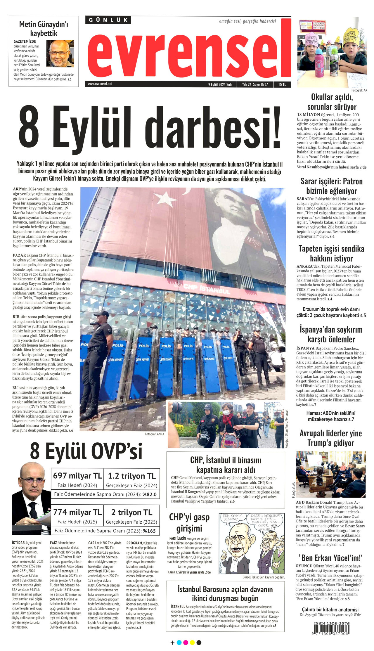 EVRENSEL gazetesinin 9 Eylül 2025 tarihli birinci sayfası