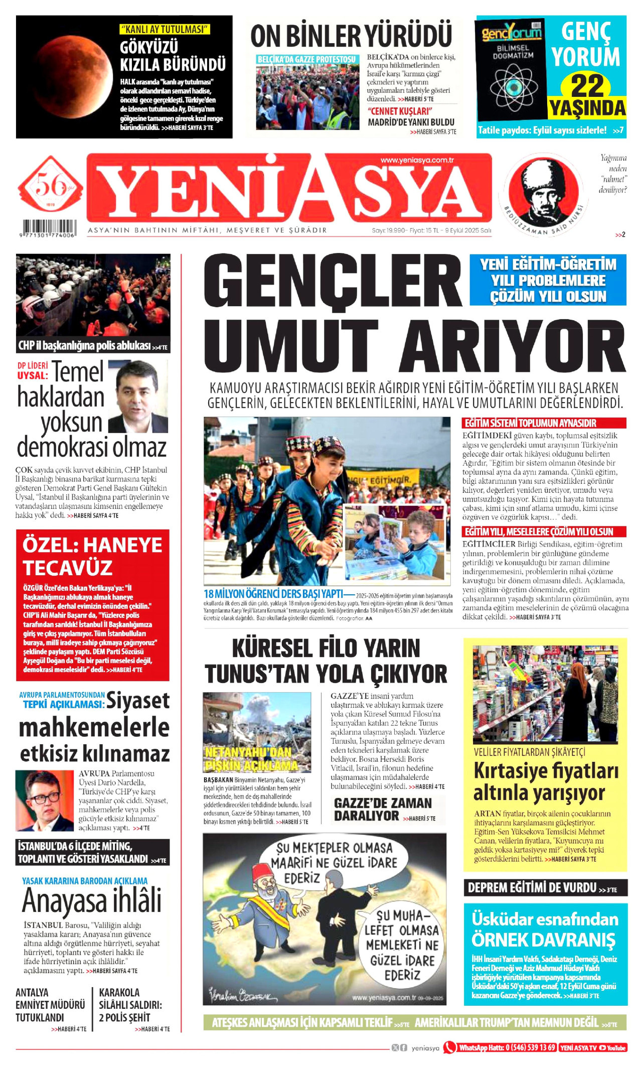 YENİ ASYA gazetesinin 9 Eylül 2025 tarihli birinci sayfası