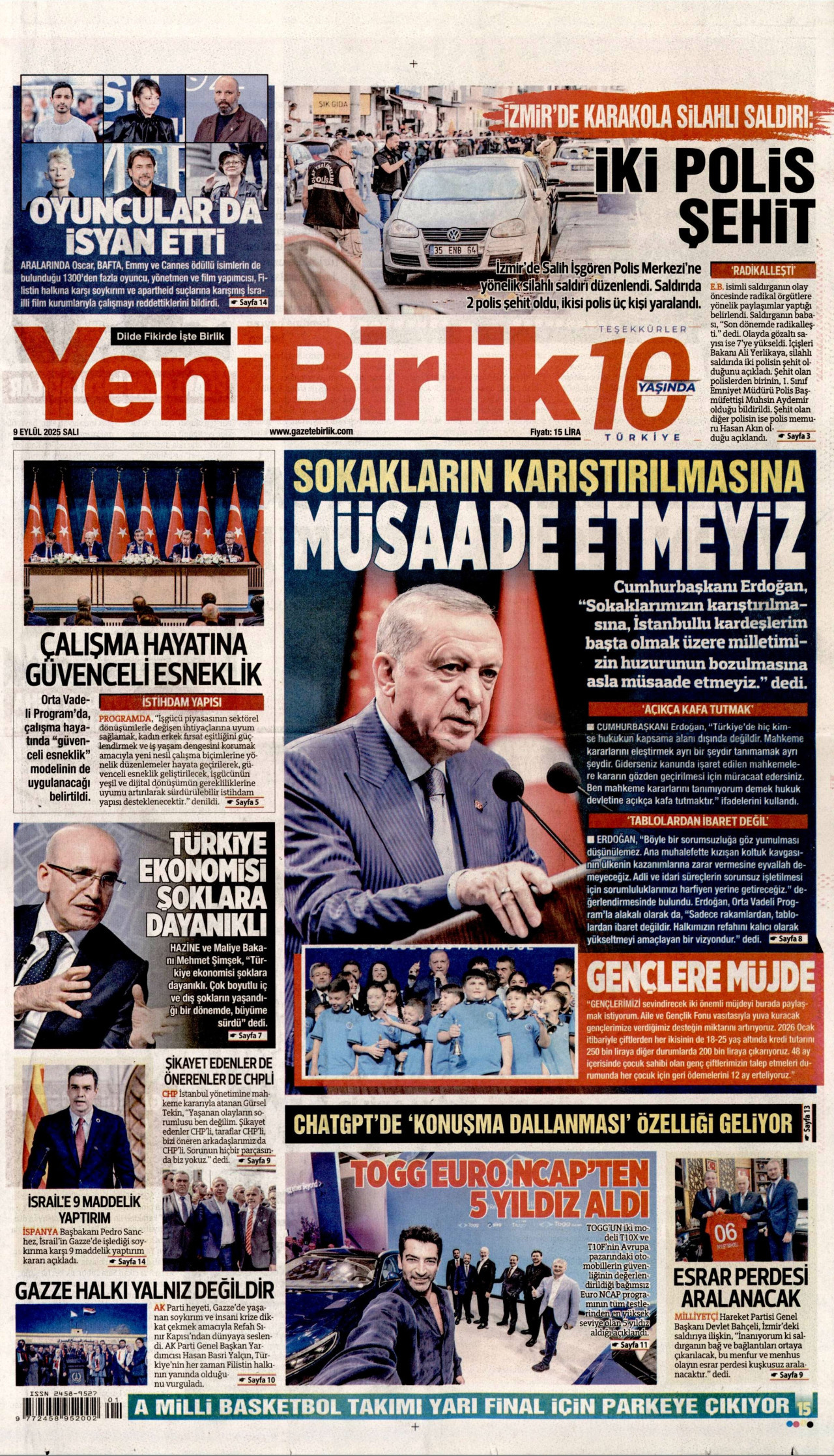 YENİBİRLİK gazetesinin 9 Eylül 2025 tarihli birinci sayfası