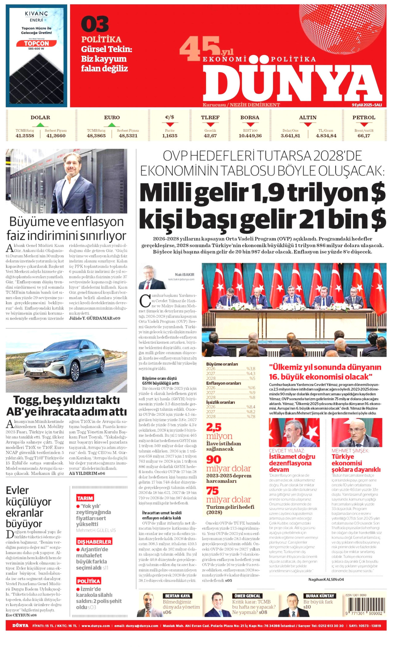 DÜNYA gazetesinin 9 Eylül 2025 tarihli birinci sayfası